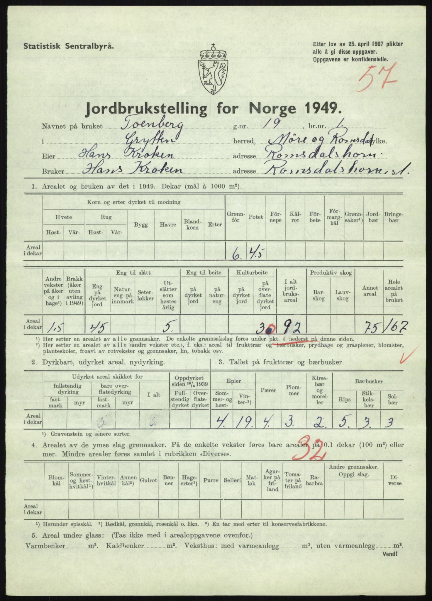 Statistisk sentralbyrå, Næringsøkonomiske emner, Jordbruk, skogbruk, jakt, fiske og fangst, AV/RA-S-2234/G/Gc/L0323: Møre og Romsdal: Grytten og Hen, 1949, p. 319