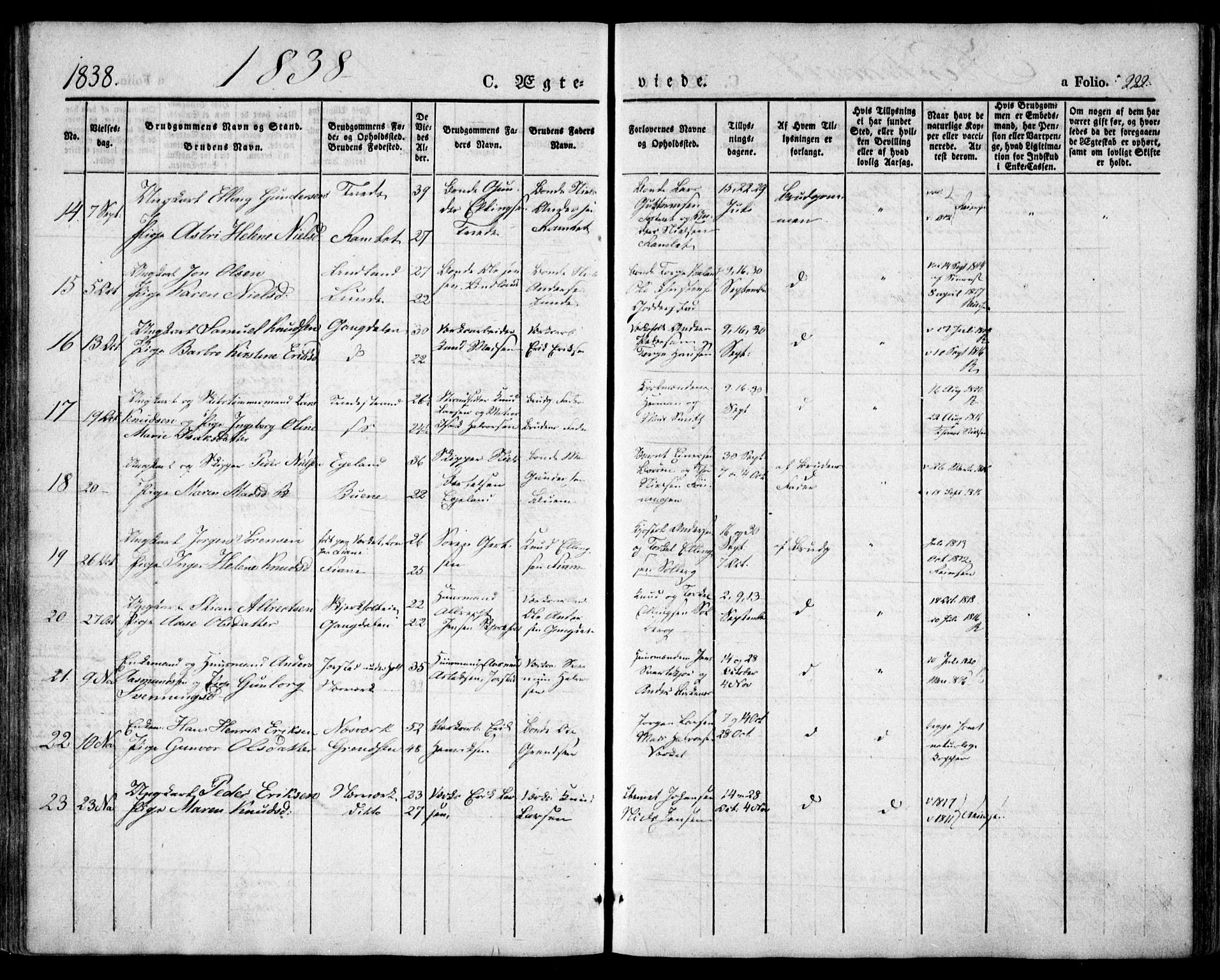 Holt sokneprestkontor, SAK/1111-0021/F/Fa/L0007: Parish register (official) no. A 7, 1836-1848, p. 222