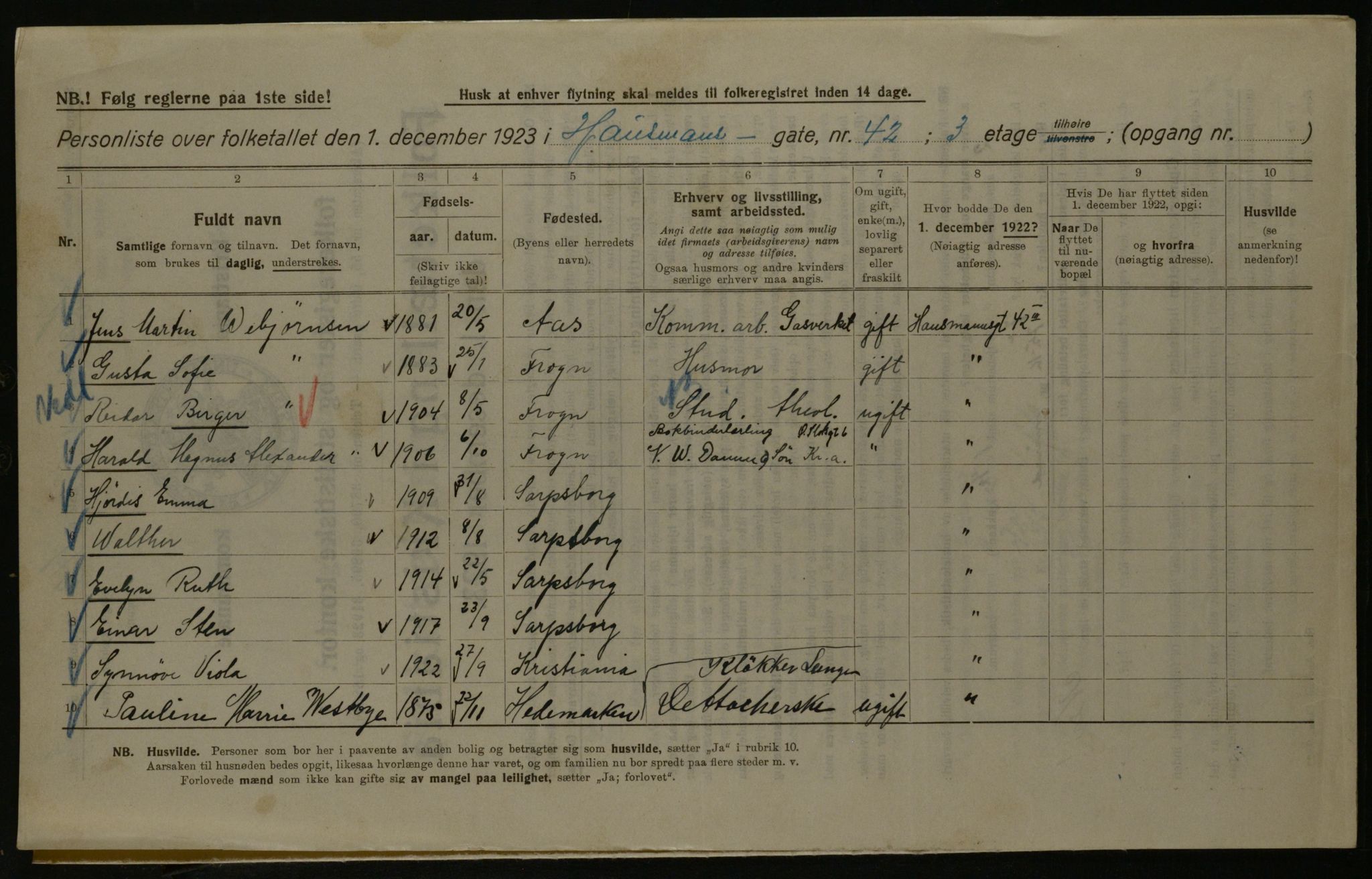 OBA, Municipal Census 1923 for Kristiania, 1923, p. 39629