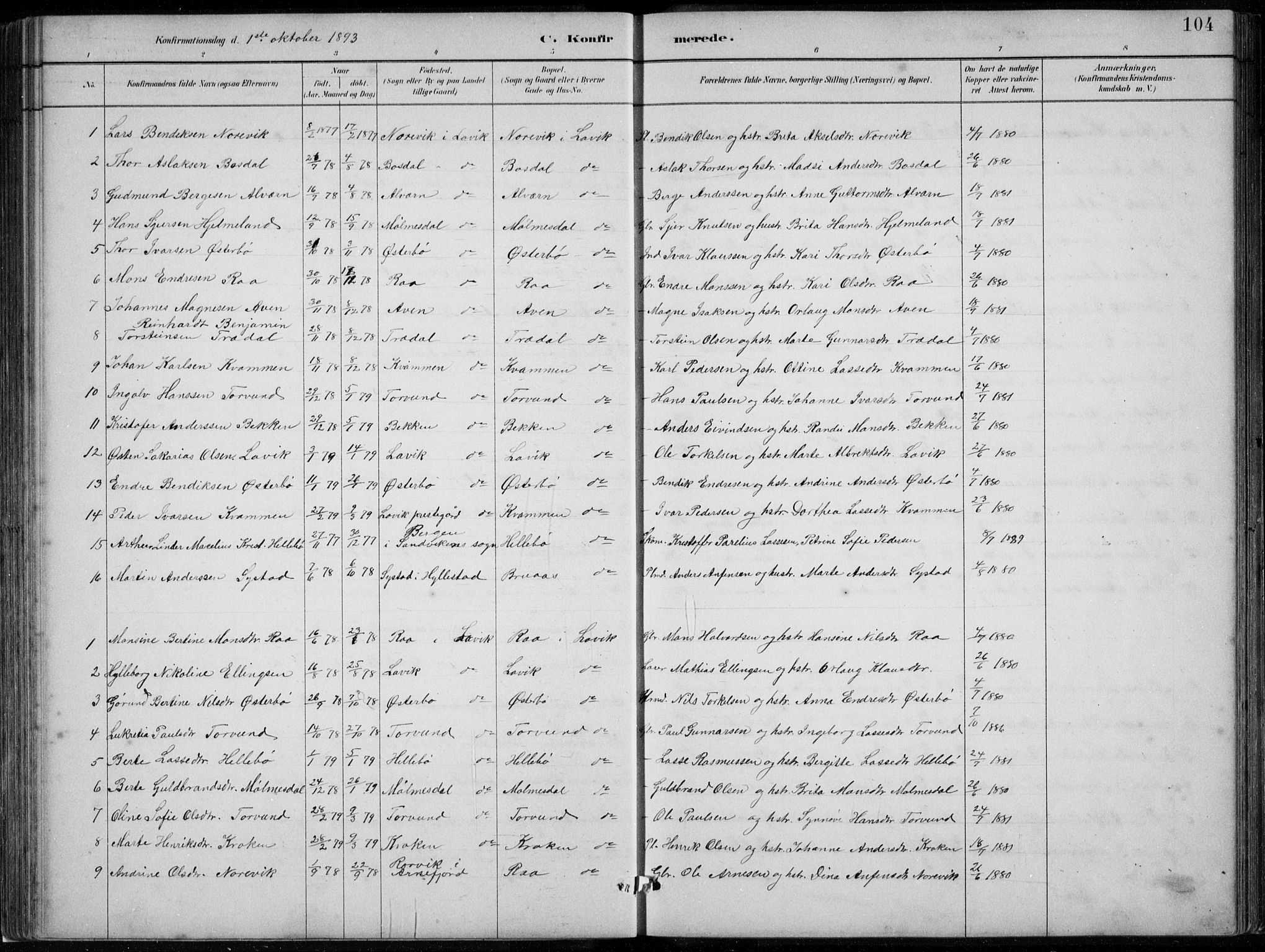 Lavik sokneprestembete, SAB/A-80901: Parish register (copy) no. A 2, 1882-1910, p. 104