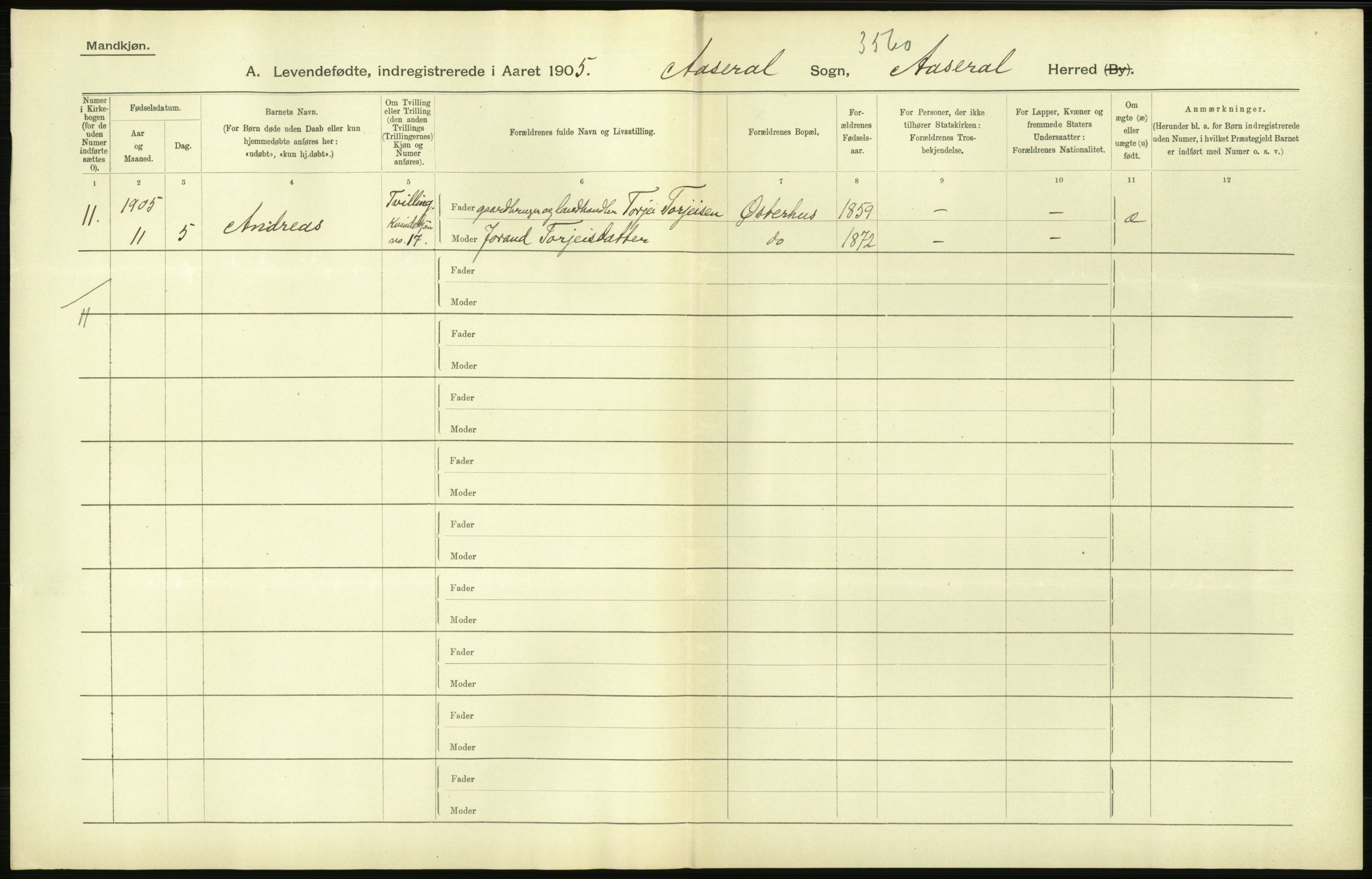 Statistisk sentralbyrå, Sosiodemografiske emner, Befolkning, AV/RA-S-2228/D/Df/Dfa/Dfac/L0020: Lister og Mandals amt: Fødte. Bygder, 1905, p. 118