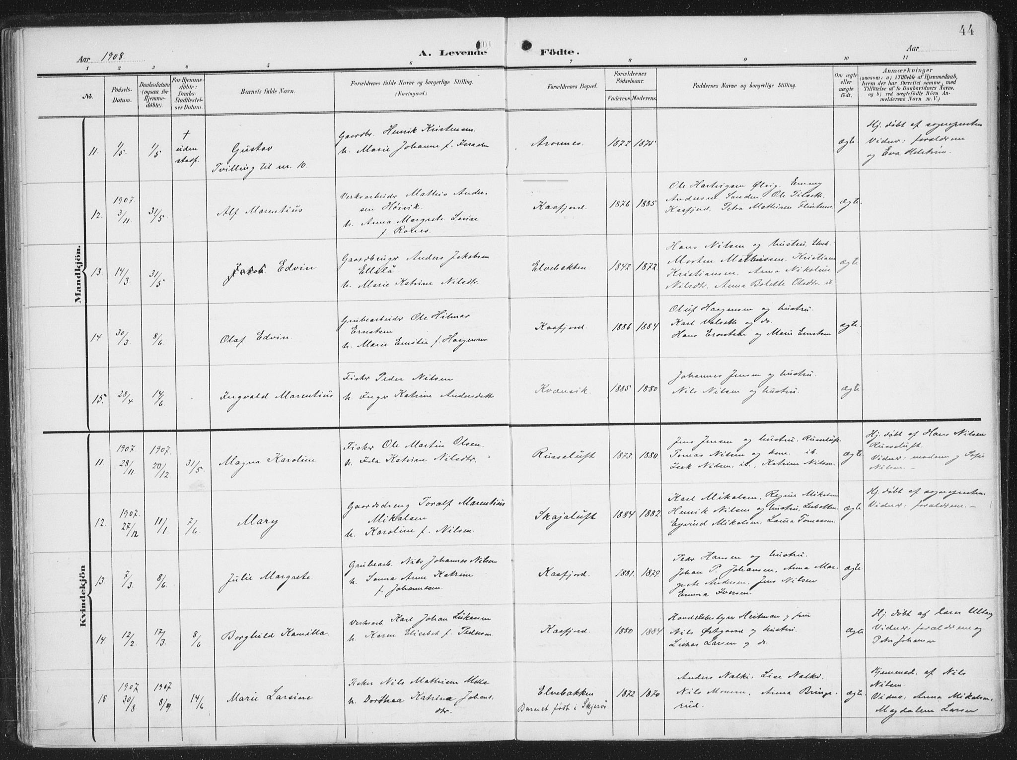 Alta sokneprestkontor, AV/SATØ-S-1338/H/Ha/L0005.kirke: Parish register (official) no. 5, 1904-1918, p. 44