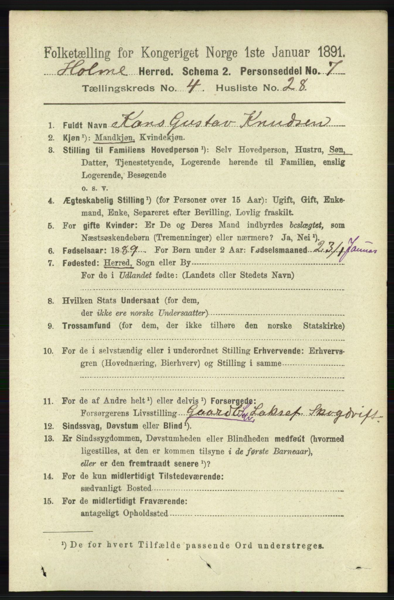 RA, 1891 census for 1020 Holum, 1891, p. 1168