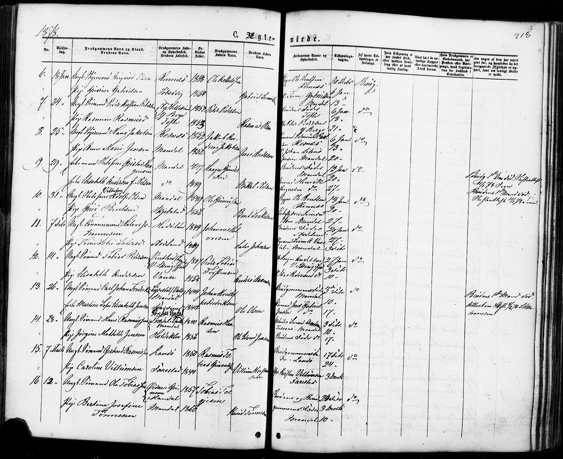 Mandal sokneprestkontor, SAK/1111-0030/F/Fa/Faa/L0015: Parish register (official) no. A 15, 1873-1879, p. 218