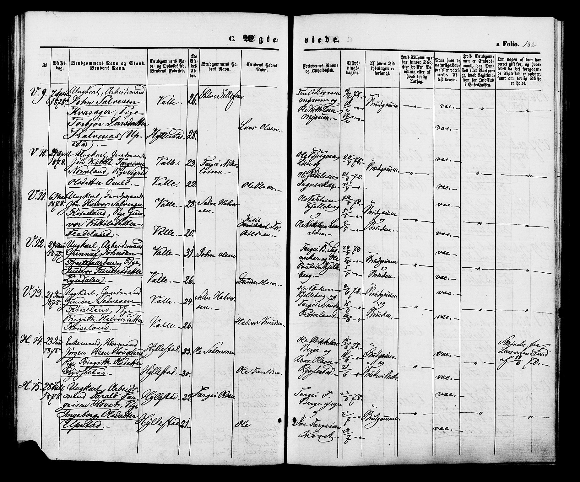 Valle sokneprestkontor, AV/SAK-1111-0044/F/Fa/Fac/L0008: Parish register (official) no. A 8, 1868-1882, p. 182