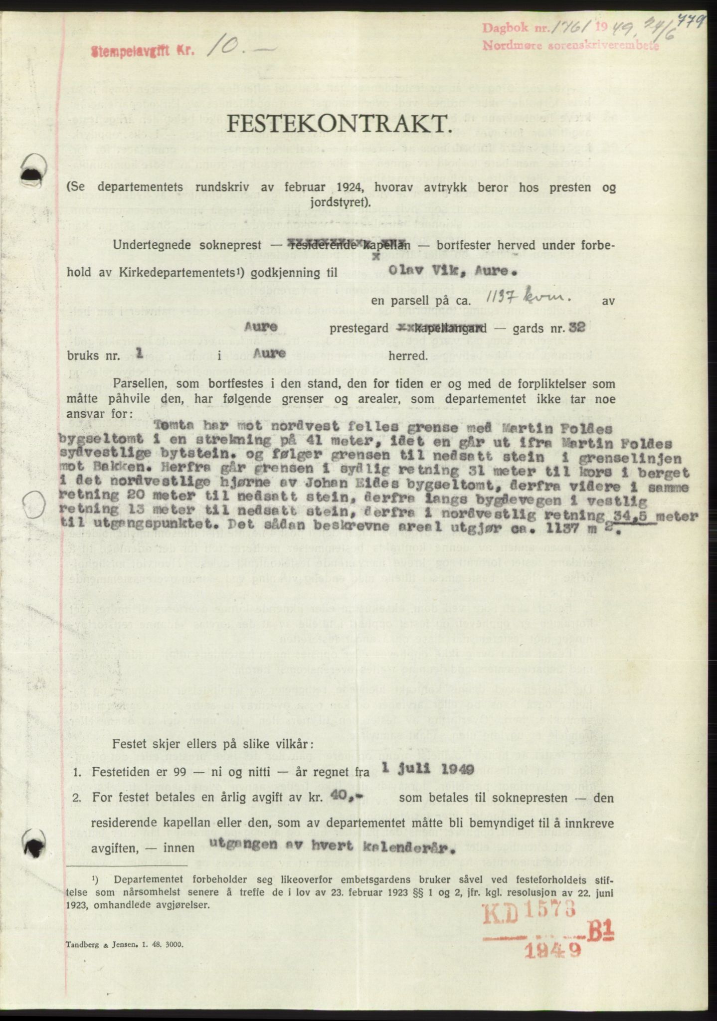 Nordmøre sorenskriveri, AV/SAT-A-4132/1/2/2Ca: Mortgage book no. B101, 1949-1949, Diary no: : 1761/1949