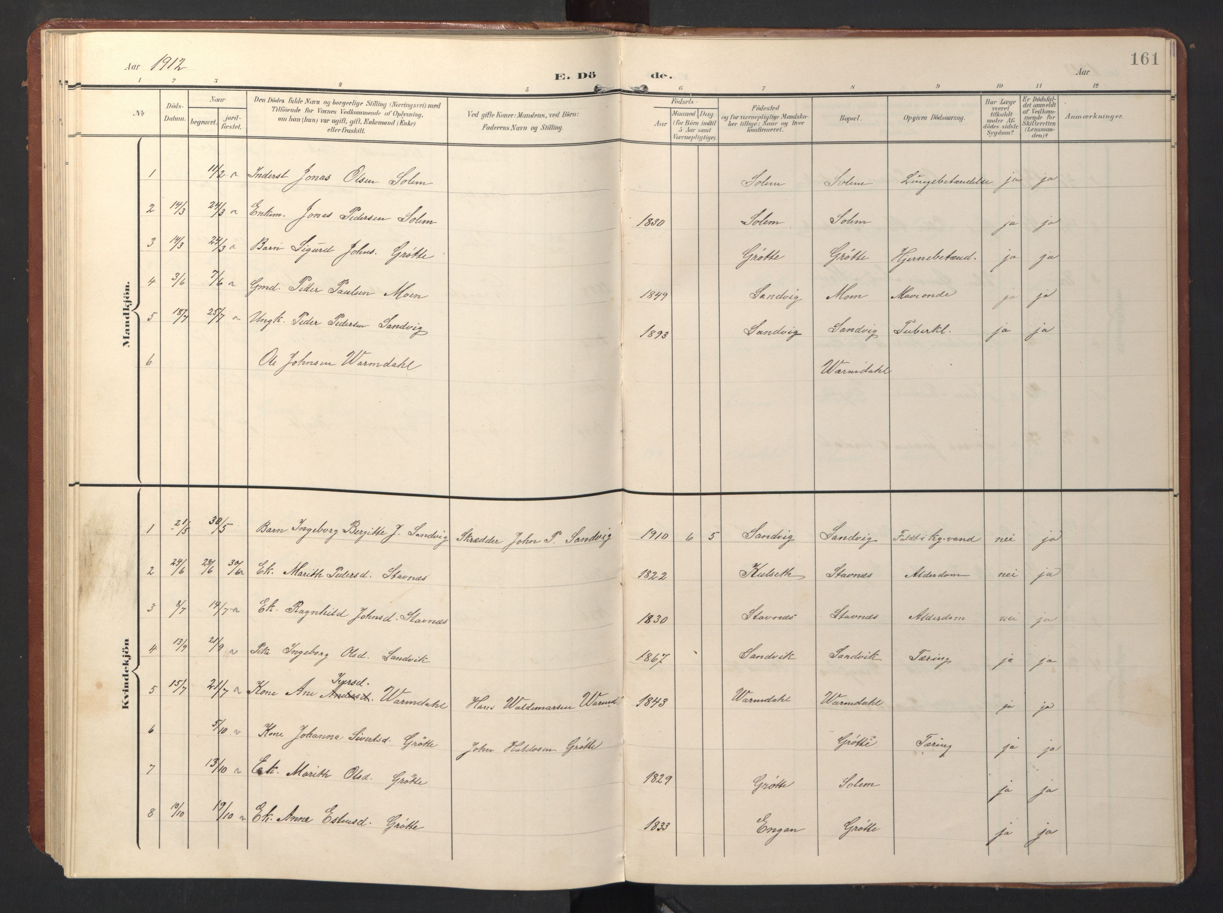 Ministerialprotokoller, klokkerbøker og fødselsregistre - Sør-Trøndelag, SAT/A-1456/696/L1161: Parish register (copy) no. 696C01, 1902-1950, p. 161