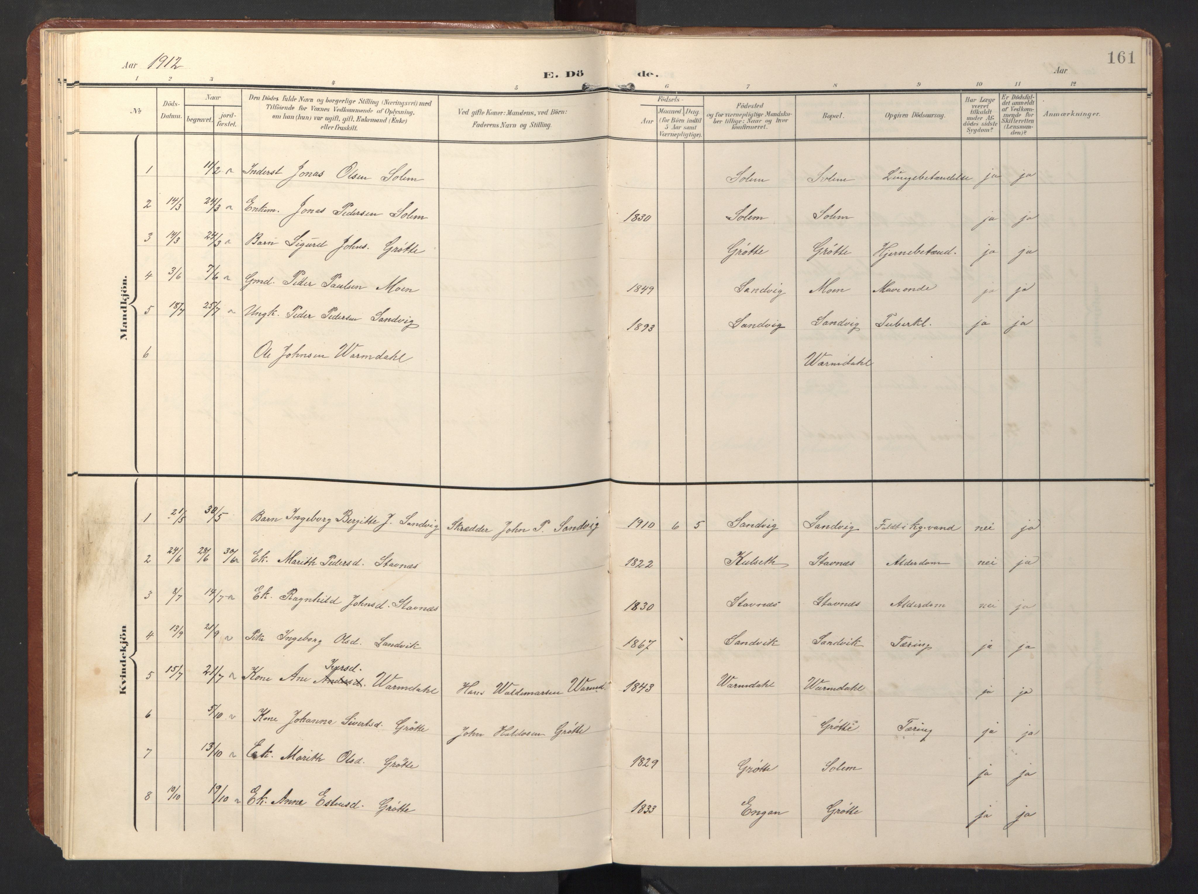 Ministerialprotokoller, klokkerbøker og fødselsregistre - Sør-Trøndelag, AV/SAT-A-1456/696/L1161: Parish register (copy) no. 696C01, 1902-1950, p. 161