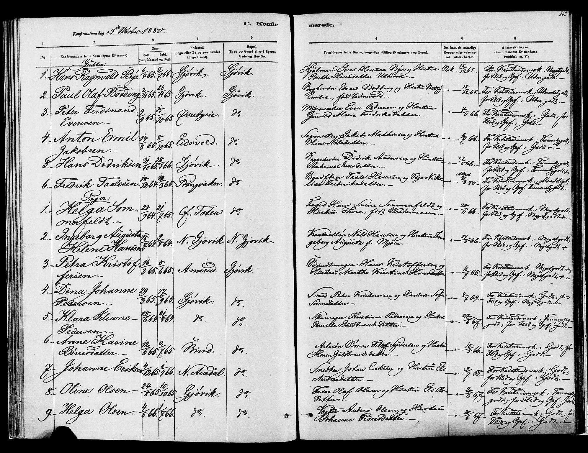 Vardal prestekontor, SAH/PREST-100/H/Ha/Haa/L0008: Parish register (official) no. 8, 1878-1890, p. 263