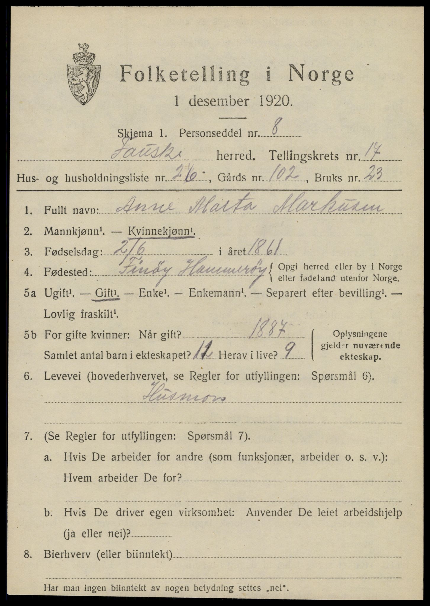 SAT, 1920 census for Fauske, 1920, p. 10816