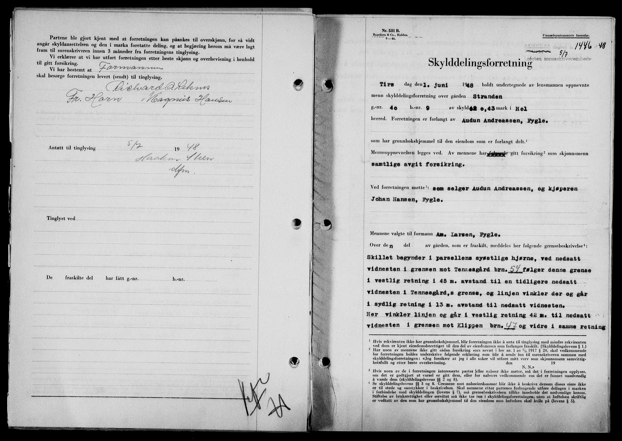 Lofoten sorenskriveri, SAT/A-0017/1/2/2C/L0018a: Mortgage book no. 18a, 1948-1948, Diary no: : 1446/1948