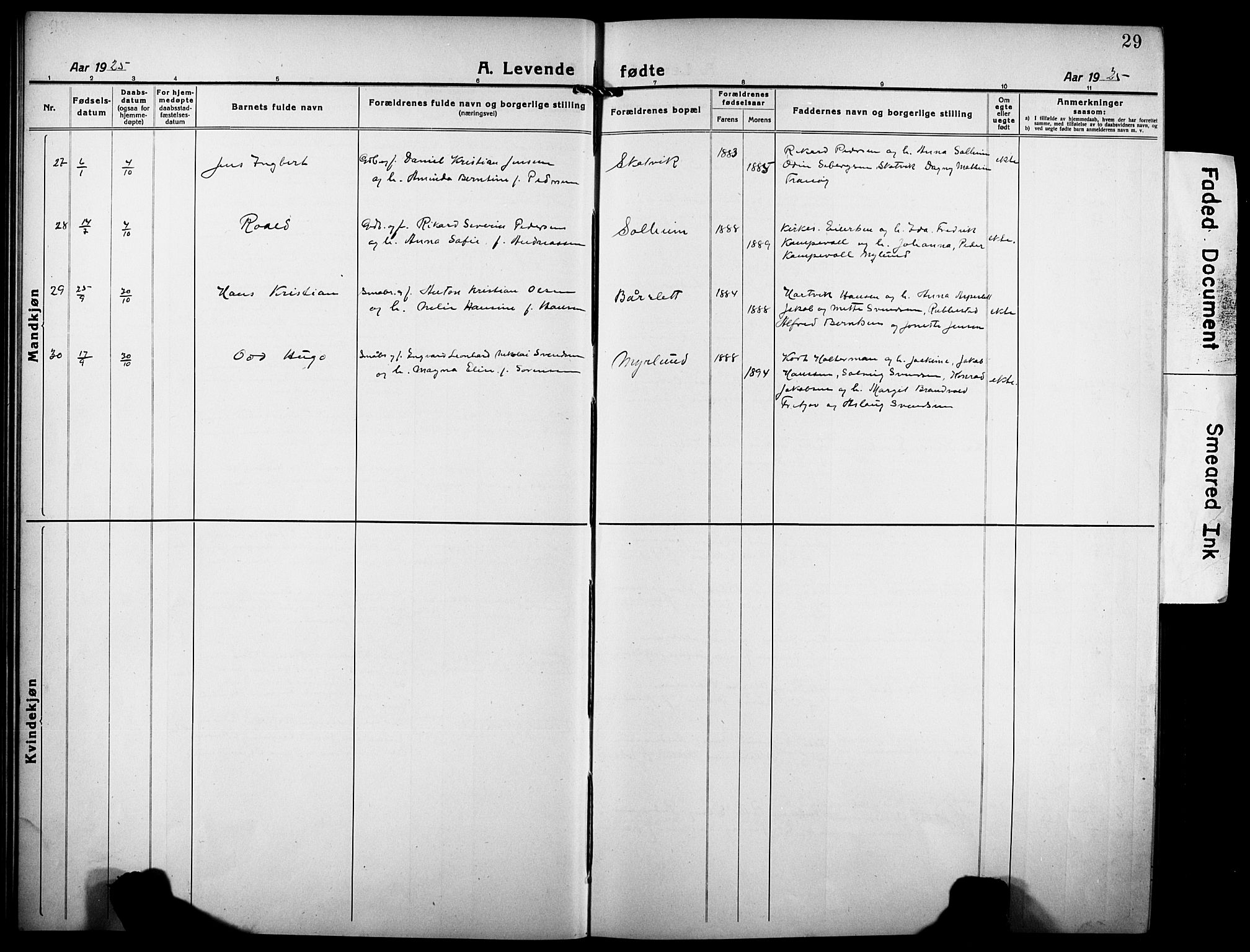 Tranøy sokneprestkontor, SATØ/S-1313/I/Ia/Iab/L0006klokker: Parish register (copy) no. 6, 1919-1932, p. 29