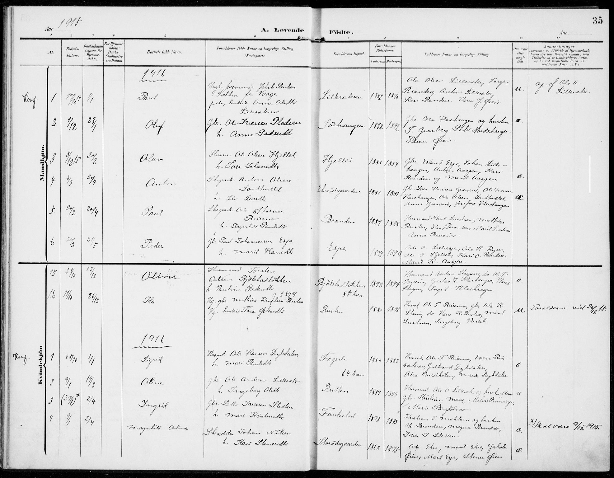 Sel prestekontor, SAH/PREST-074/H/Ha/Haa/L0001: Parish register (official) no. 1, 1905-1922, p. 35