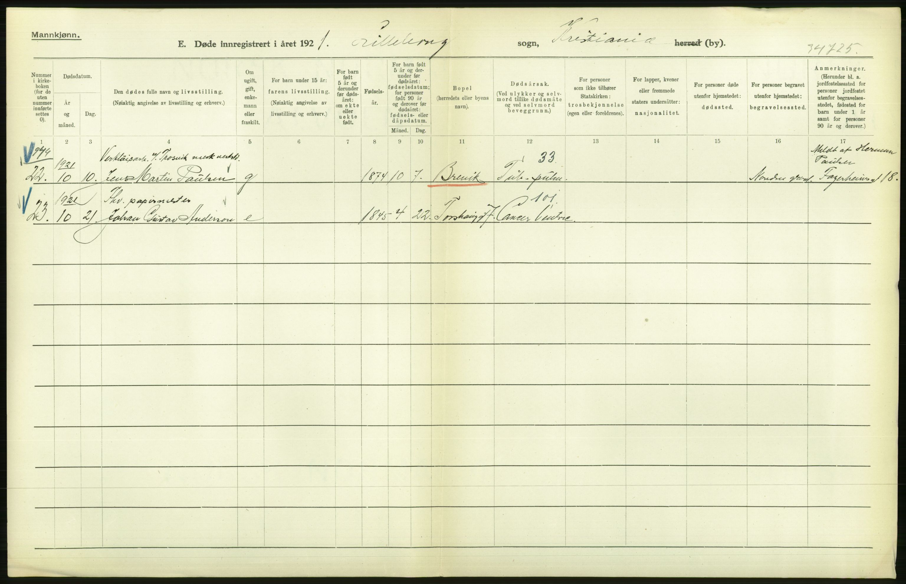 Statistisk sentralbyrå, Sosiodemografiske emner, Befolkning, AV/RA-S-2228/D/Df/Dfc/Dfca/L0012: Kristiania: Døde, 1921, p. 116