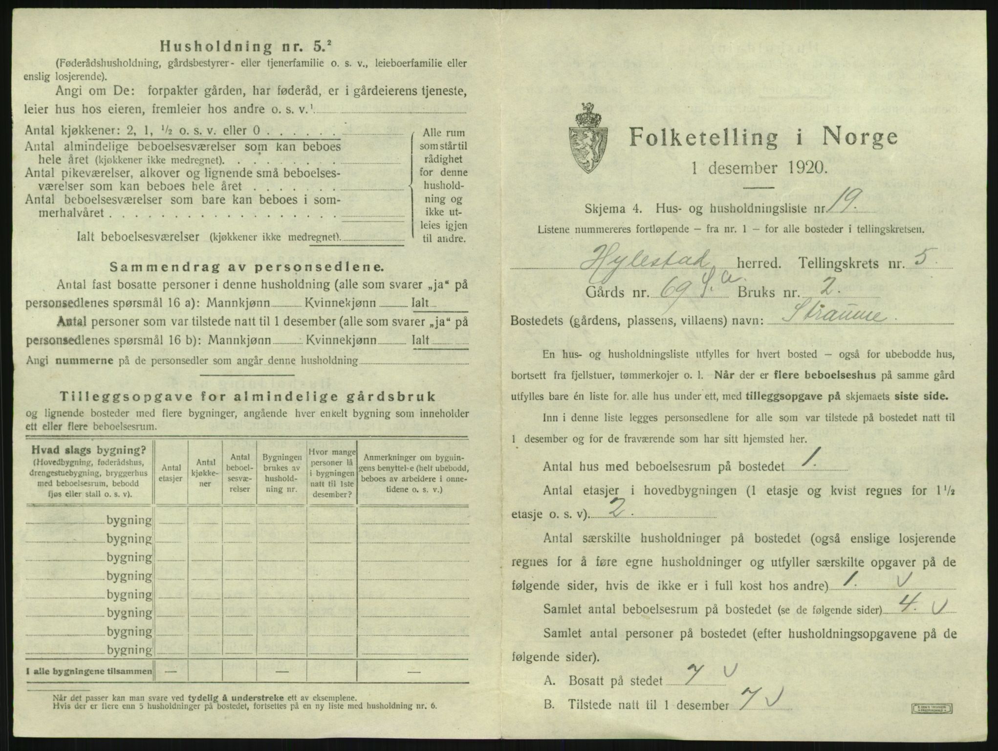 SAK, 1920 census for Hylestad, 1920, p. 272