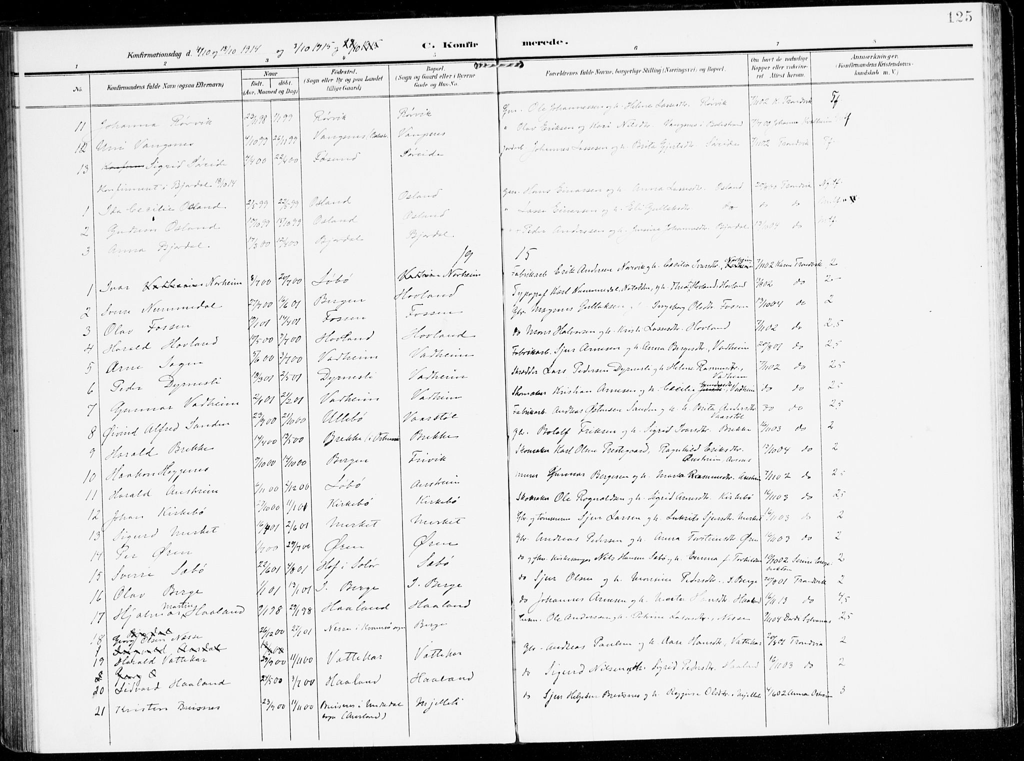 Lavik sokneprestembete, AV/SAB-A-80901: Parish register (official) no. C 2, 1904-1921, p. 125