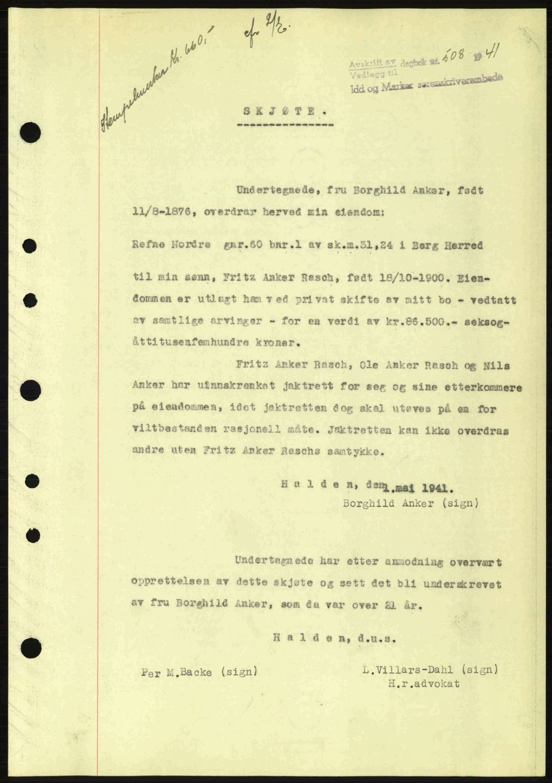 Idd og Marker sorenskriveri, AV/SAO-A-10283/G/Gb/Gbb/L0004: Mortgage book no. A4, 1940-1941, Diary no: : 508/1941