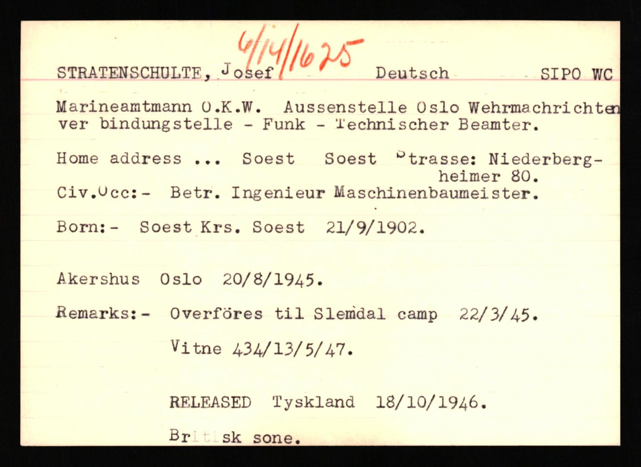 Forsvaret, Forsvarets overkommando II, AV/RA-RAFA-3915/D/Db/L0033: CI Questionaires. Tyske okkupasjonsstyrker i Norge. Tyskere., 1945-1946, p. 177