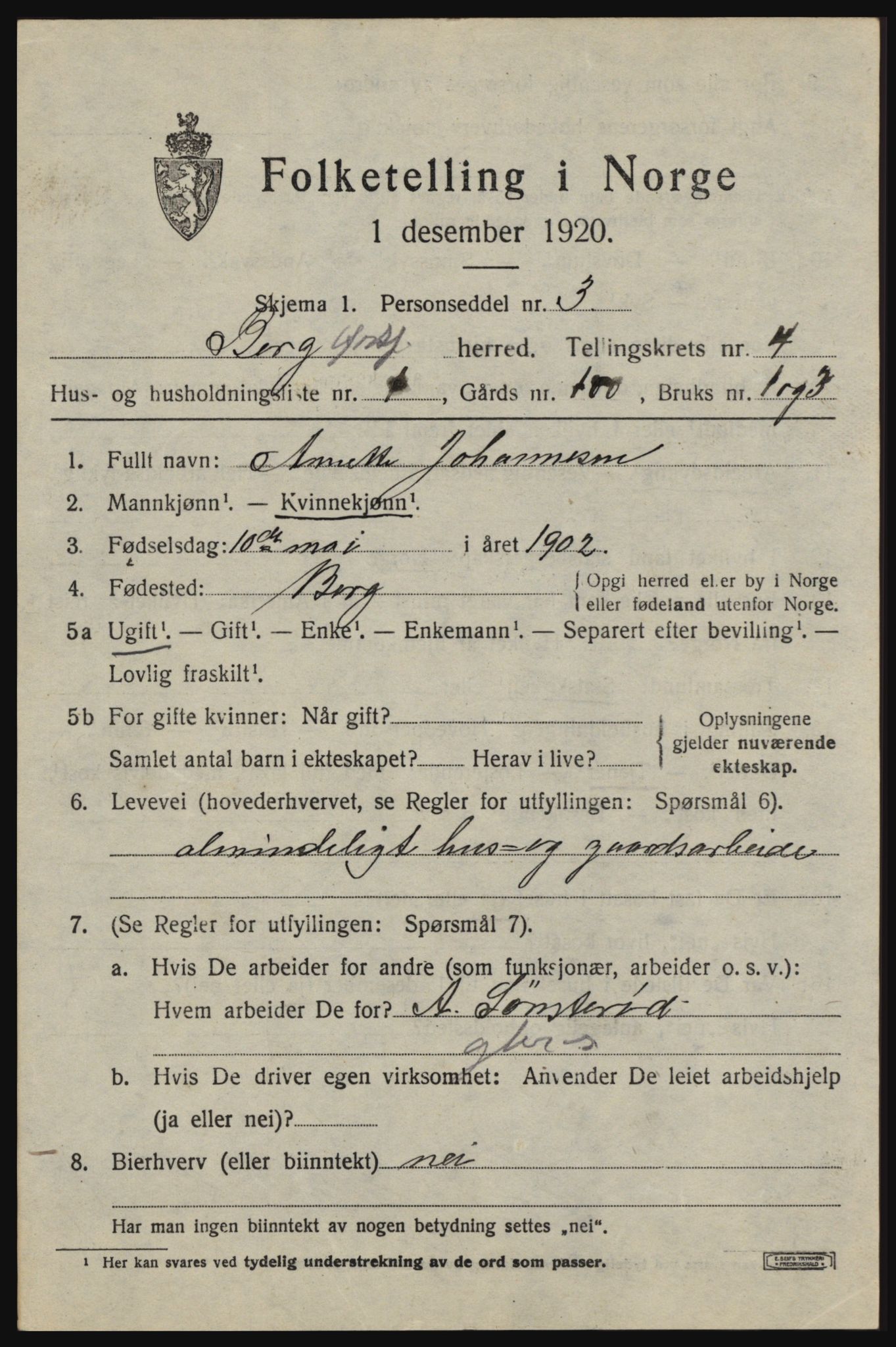 SAO, 1920 census for Berg, 1920, p. 8131