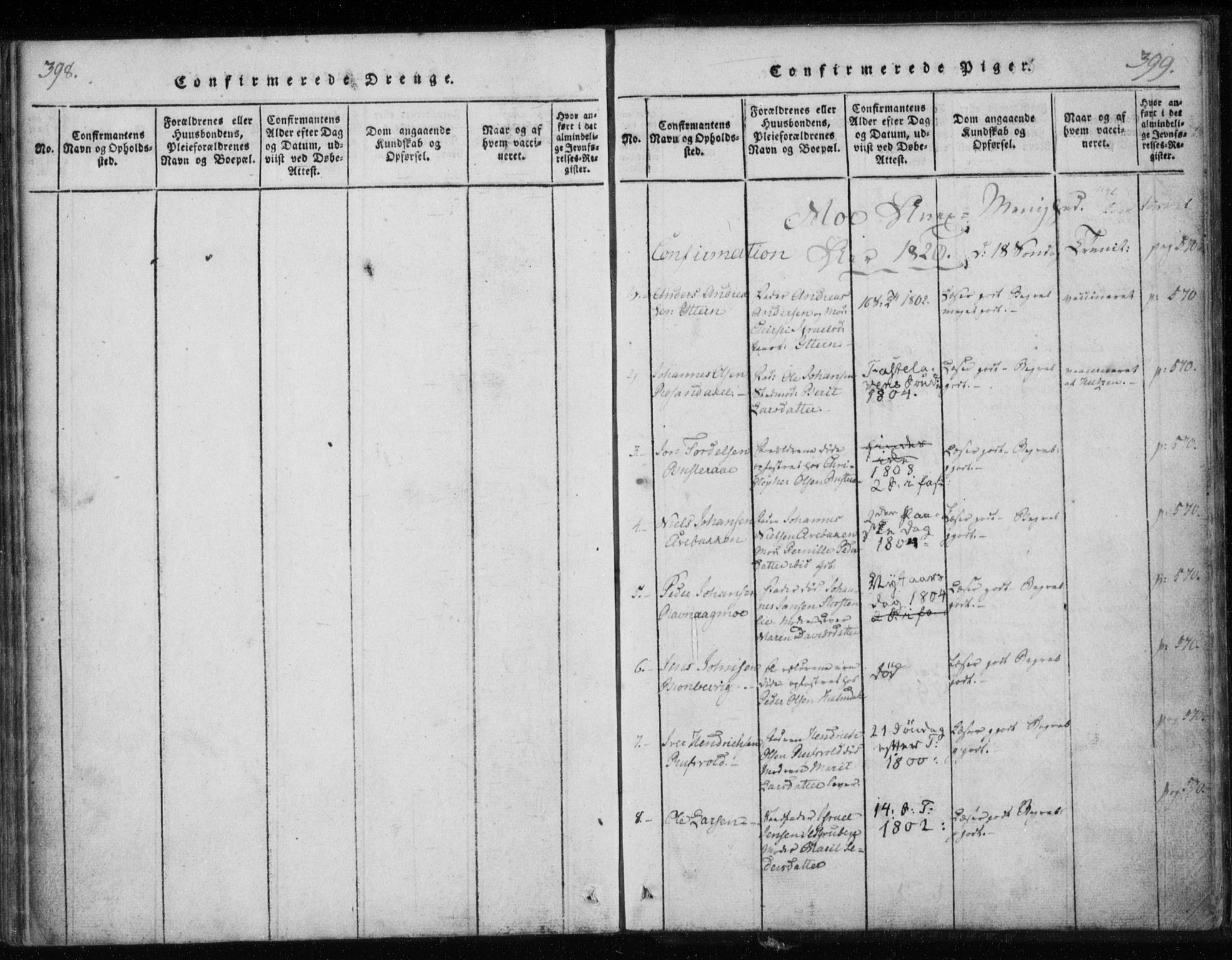 Ministerialprotokoller, klokkerbøker og fødselsregistre - Nordland, AV/SAT-A-1459/825/L0353: Parish register (official) no. 825A07, 1820-1826, p. 398-399