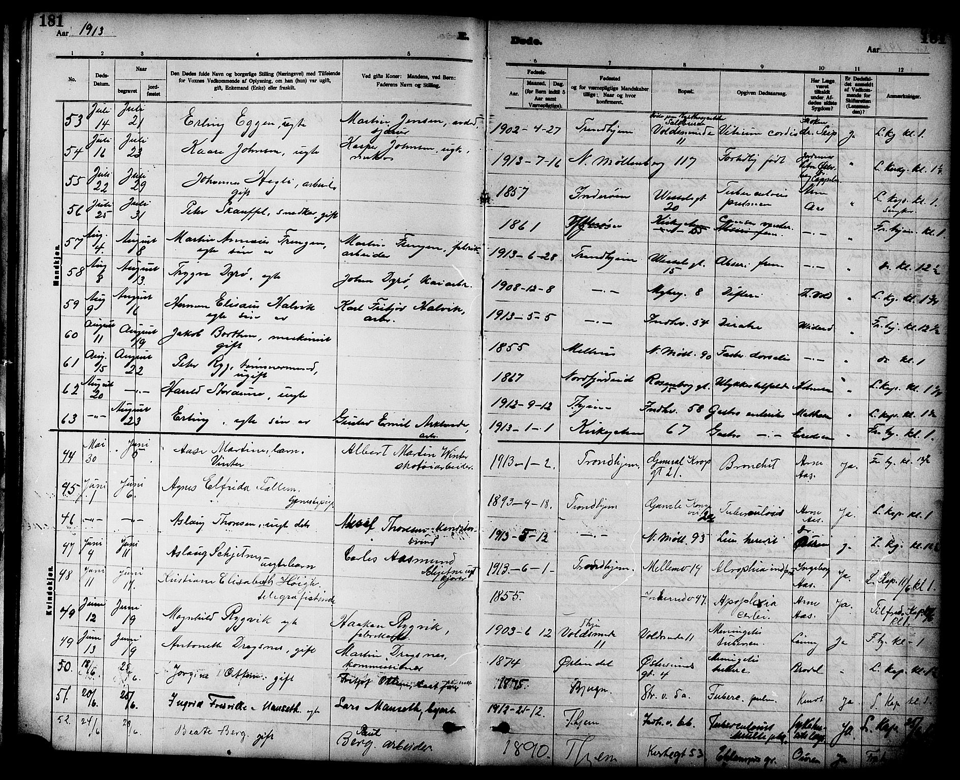 Ministerialprotokoller, klokkerbøker og fødselsregistre - Sør-Trøndelag, SAT/A-1456/605/L0255: Parish register (copy) no. 605C02, 1908-1918, p. 181