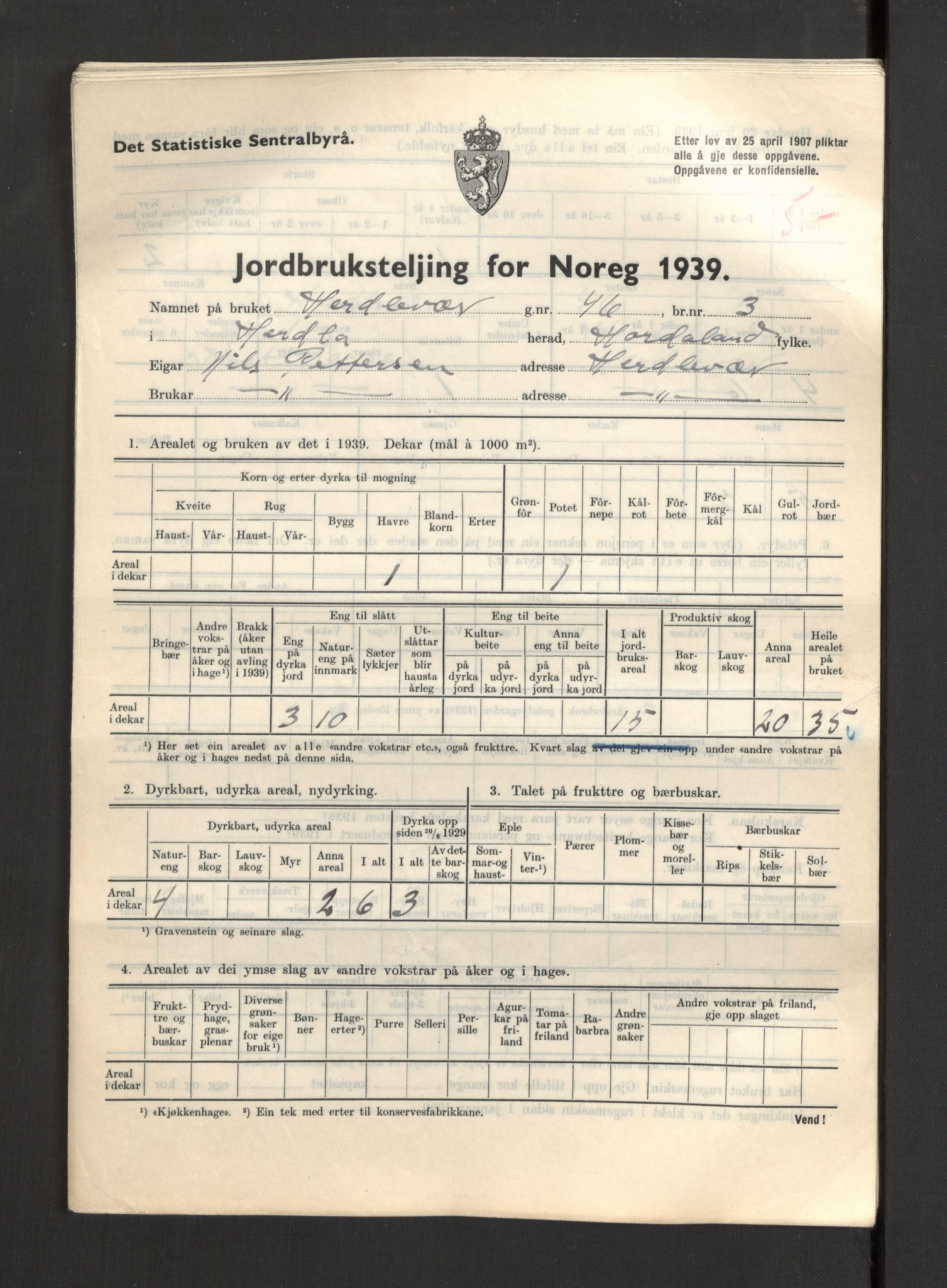 Statistisk sentralbyrå, Næringsøkonomiske emner, Jordbruk, skogbruk, jakt, fiske og fangst, AV/RA-S-2234/G/Gb/L0211: Hordaland: Herdla, Hjelme og Manger, 1939, p. 385