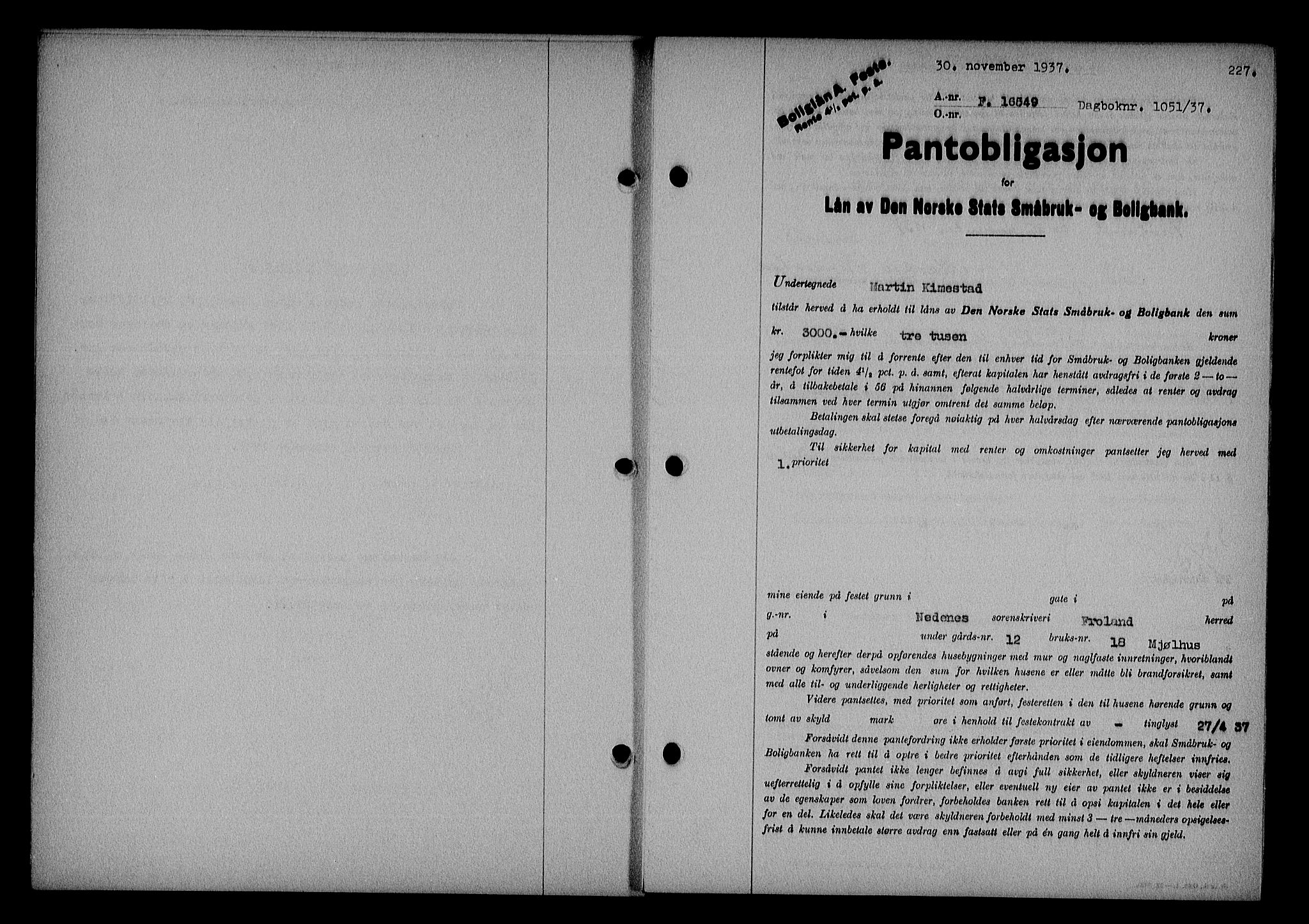 Nedenes sorenskriveri, SAK/1221-0006/G/Gb/Gba/L0044: Mortgage book no. 40, 1937-1938, Diary no: : 1051/1937