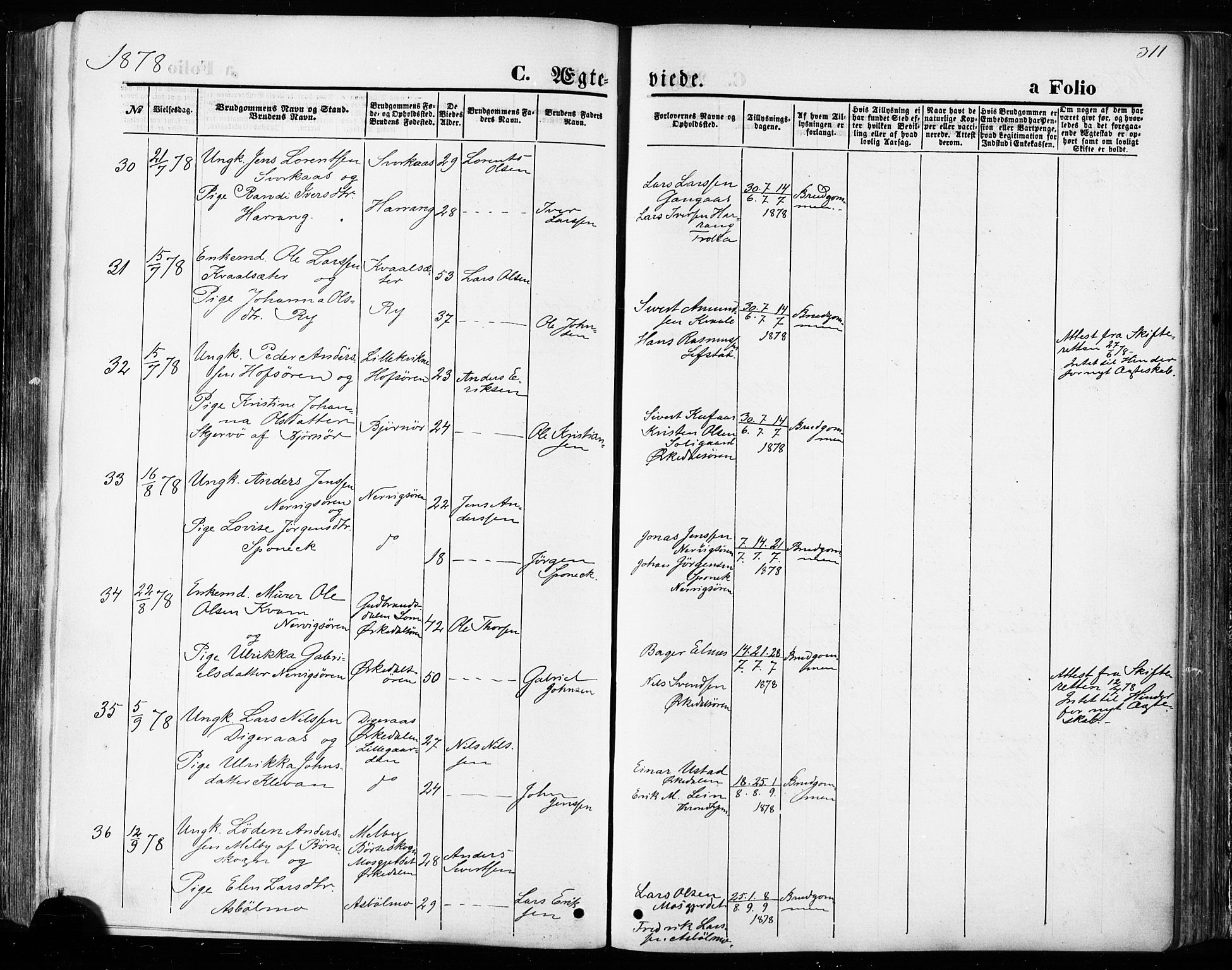 Ministerialprotokoller, klokkerbøker og fødselsregistre - Sør-Trøndelag, AV/SAT-A-1456/668/L0807: Parish register (official) no. 668A07, 1870-1880, p. 311