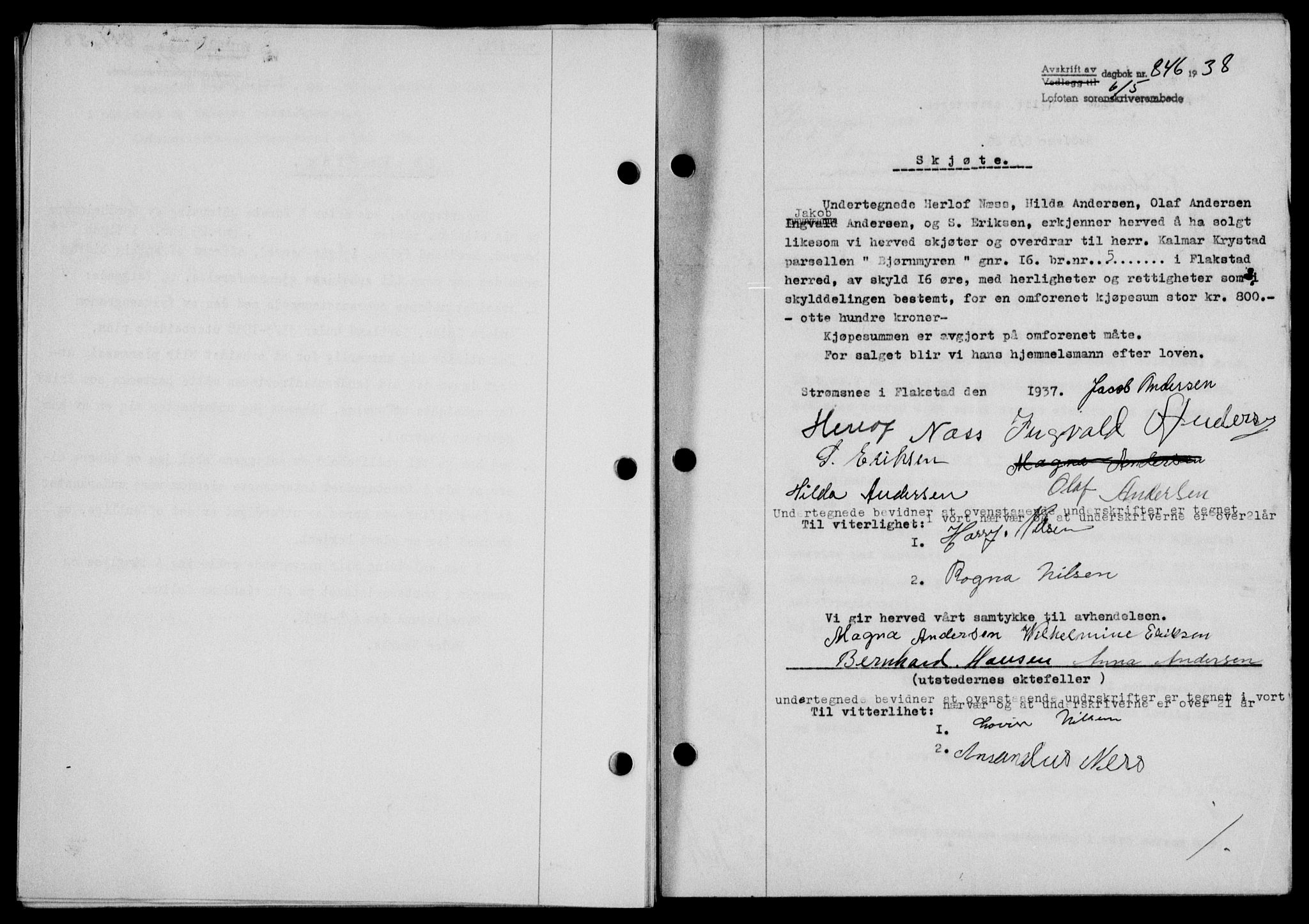 Lofoten sorenskriveri, AV/SAT-A-0017/1/2/2C/L0004a: Mortgage book no. 4a, 1938-1938, Diary no: : 846/1938