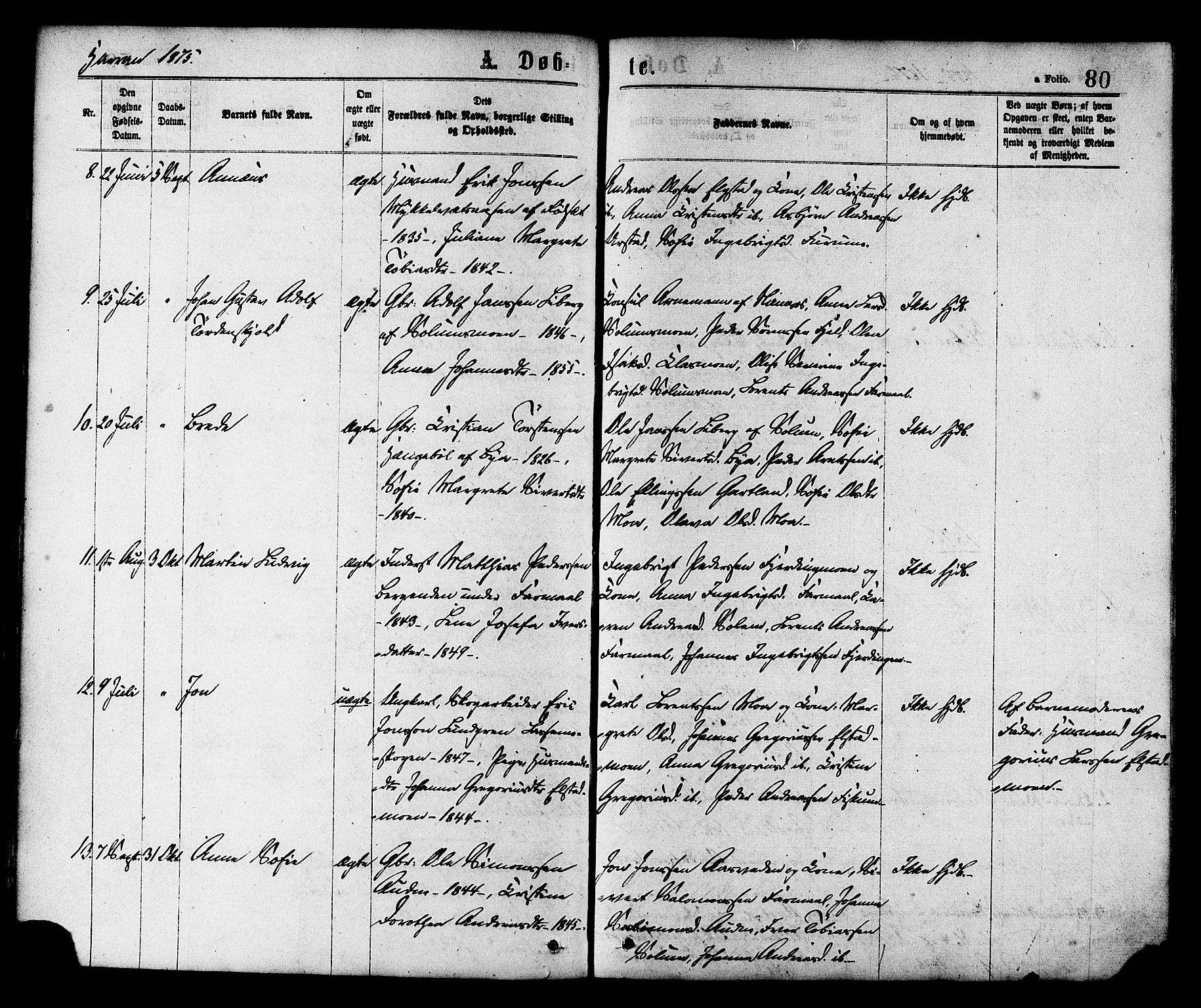Ministerialprotokoller, klokkerbøker og fødselsregistre - Nord-Trøndelag, SAT/A-1458/758/L0516: Parish register (official) no. 758A03 /3, 1869-1879, p. 80