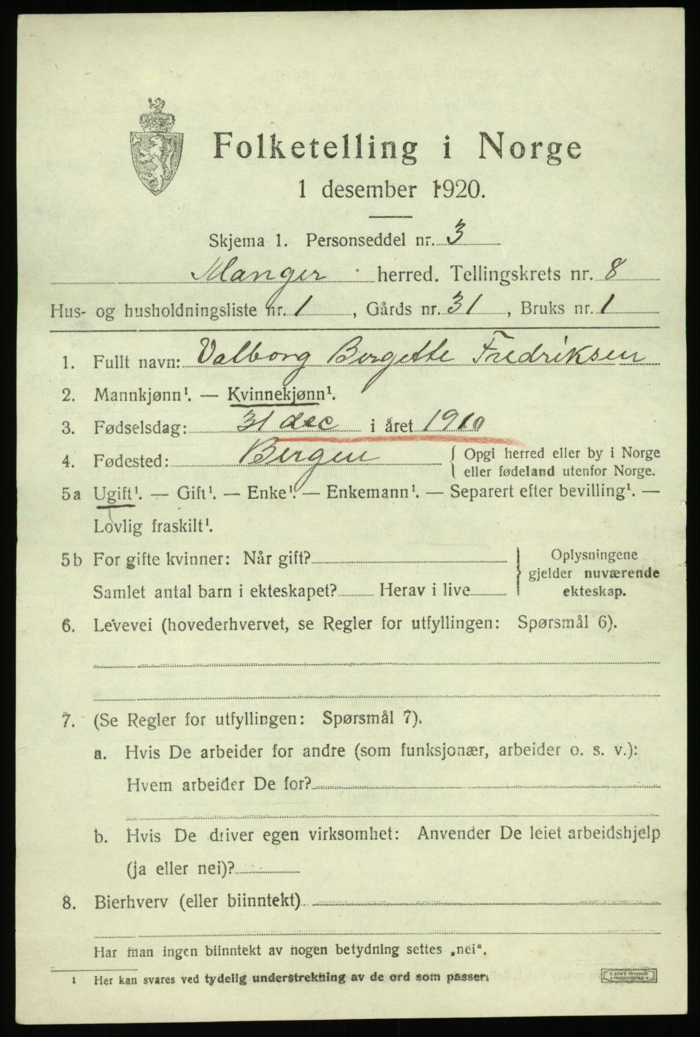 SAB, 1920 census for Manger, 1920, p. 5033