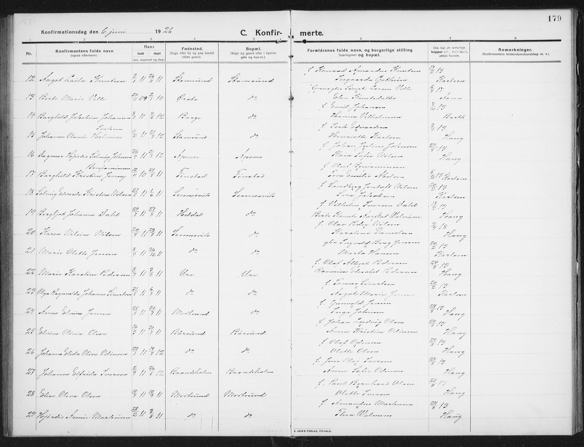 Ministerialprotokoller, klokkerbøker og fødselsregistre - Nordland, SAT/A-1459/882/L1183: Parish register (copy) no. 882C01, 1911-1938, p. 179
