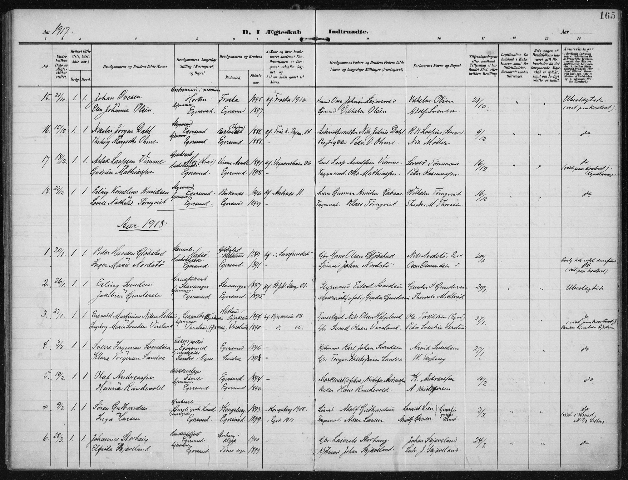 Eigersund sokneprestkontor, SAST/A-101807/S08/L0022: Parish register (official) no. A 21, 1905-1928, p. 165