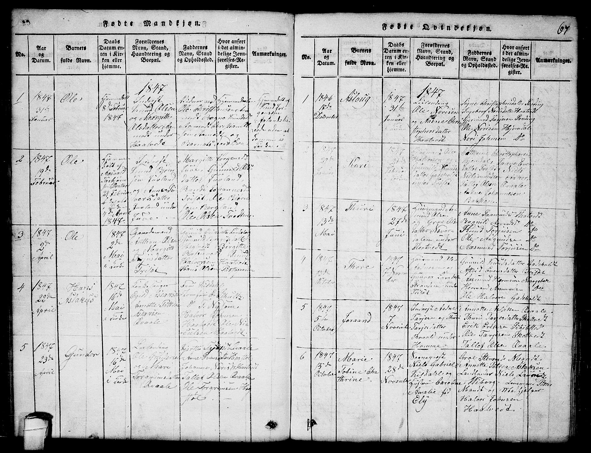 Lårdal kirkebøker, SAKO/A-284/G/Ga/L0001: Parish register (copy) no. I 1, 1815-1861, p. 67