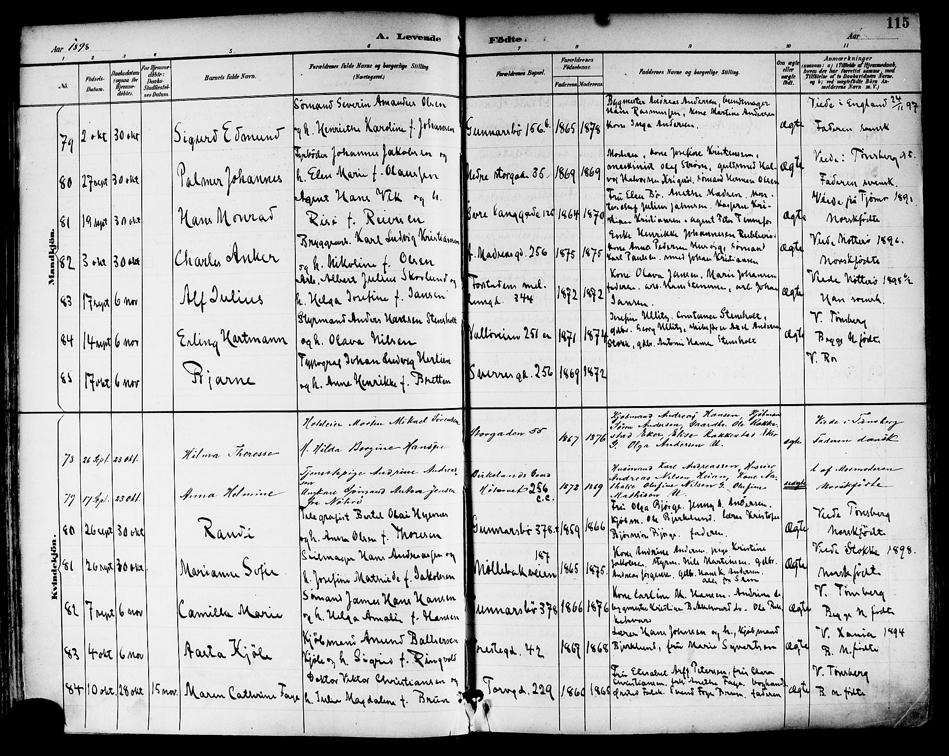 Tønsberg kirkebøker, AV/SAKO-A-330/F/Fa/L0012: Parish register (official) no. I 12, 1891-1899, p. 115