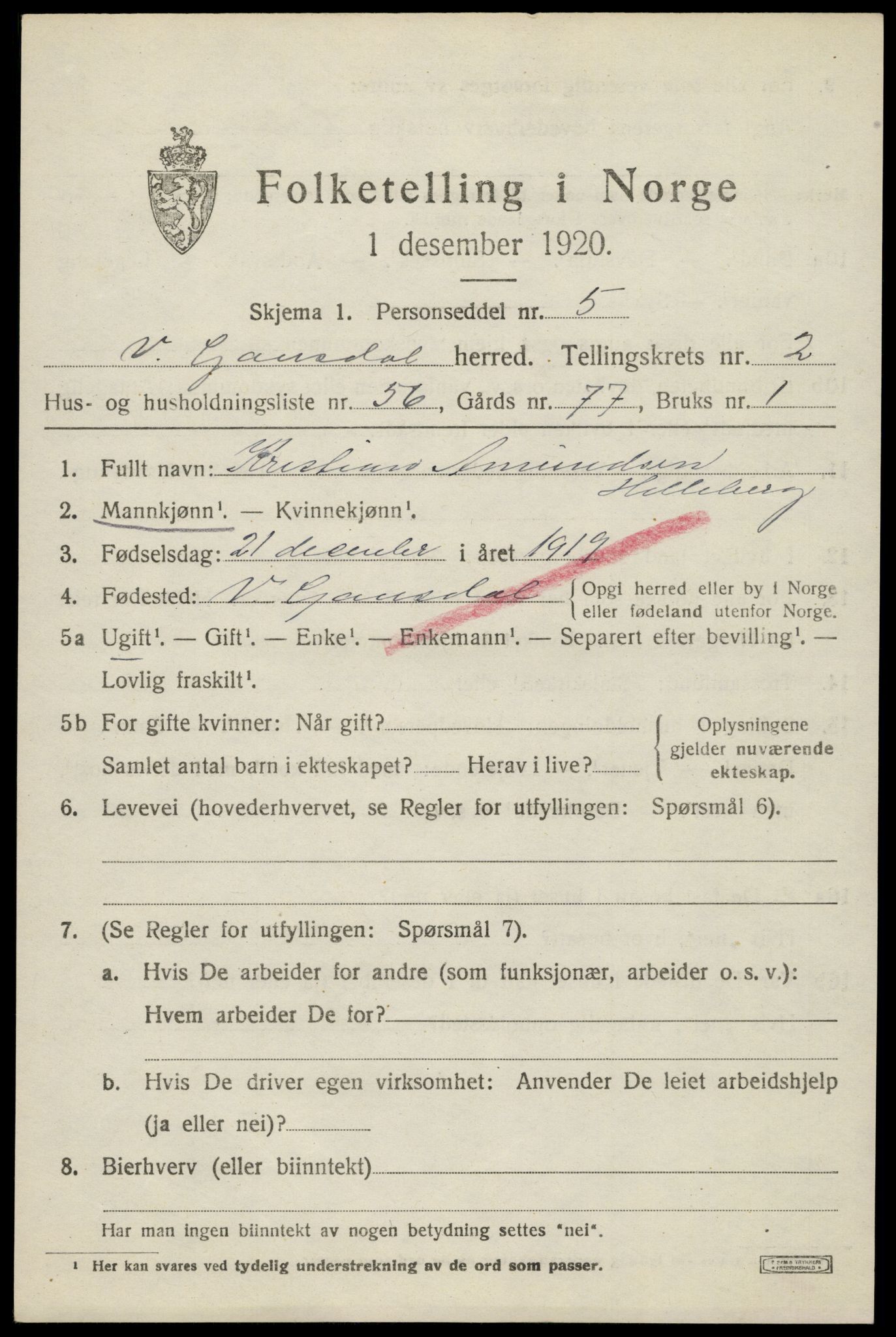 SAH, 1920 census for Vestre Gausdal, 1920, p. 2335