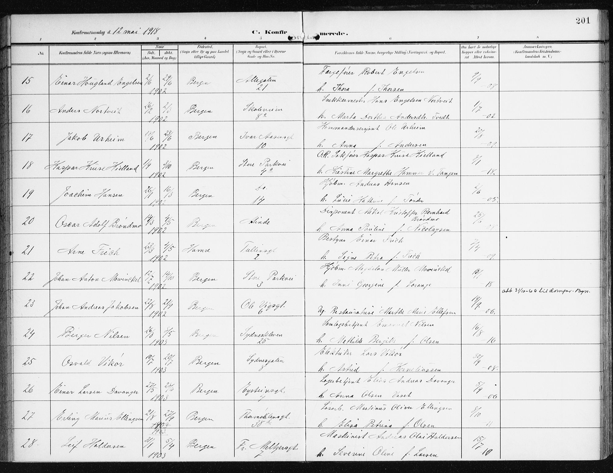 Johanneskirken sokneprestembete, AV/SAB-A-76001/H/Haa/L0009: Parish register (official) no. C 2, 1907-1924, p. 201