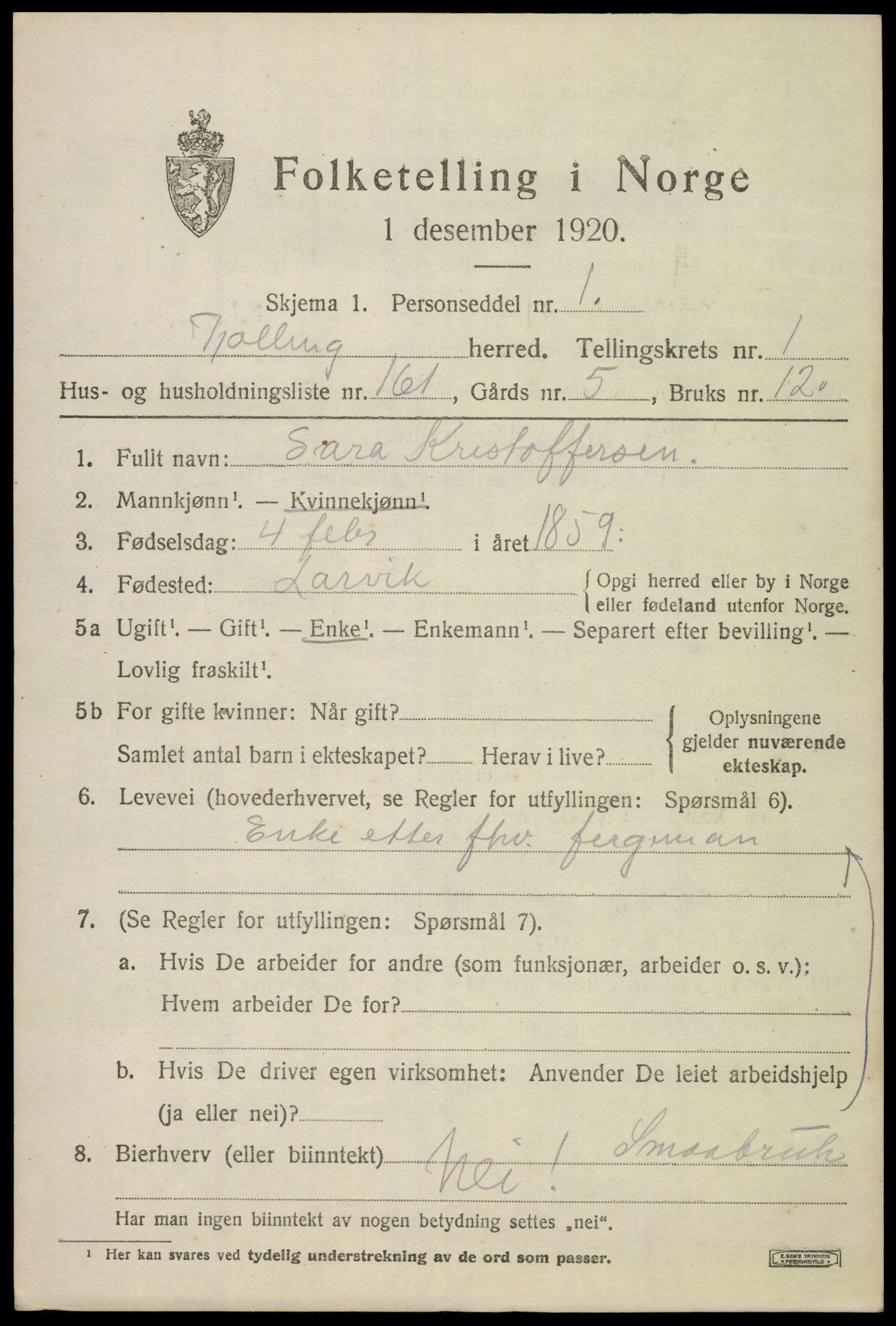 SAKO, 1920 census for Tjølling, 1920, p. 3351