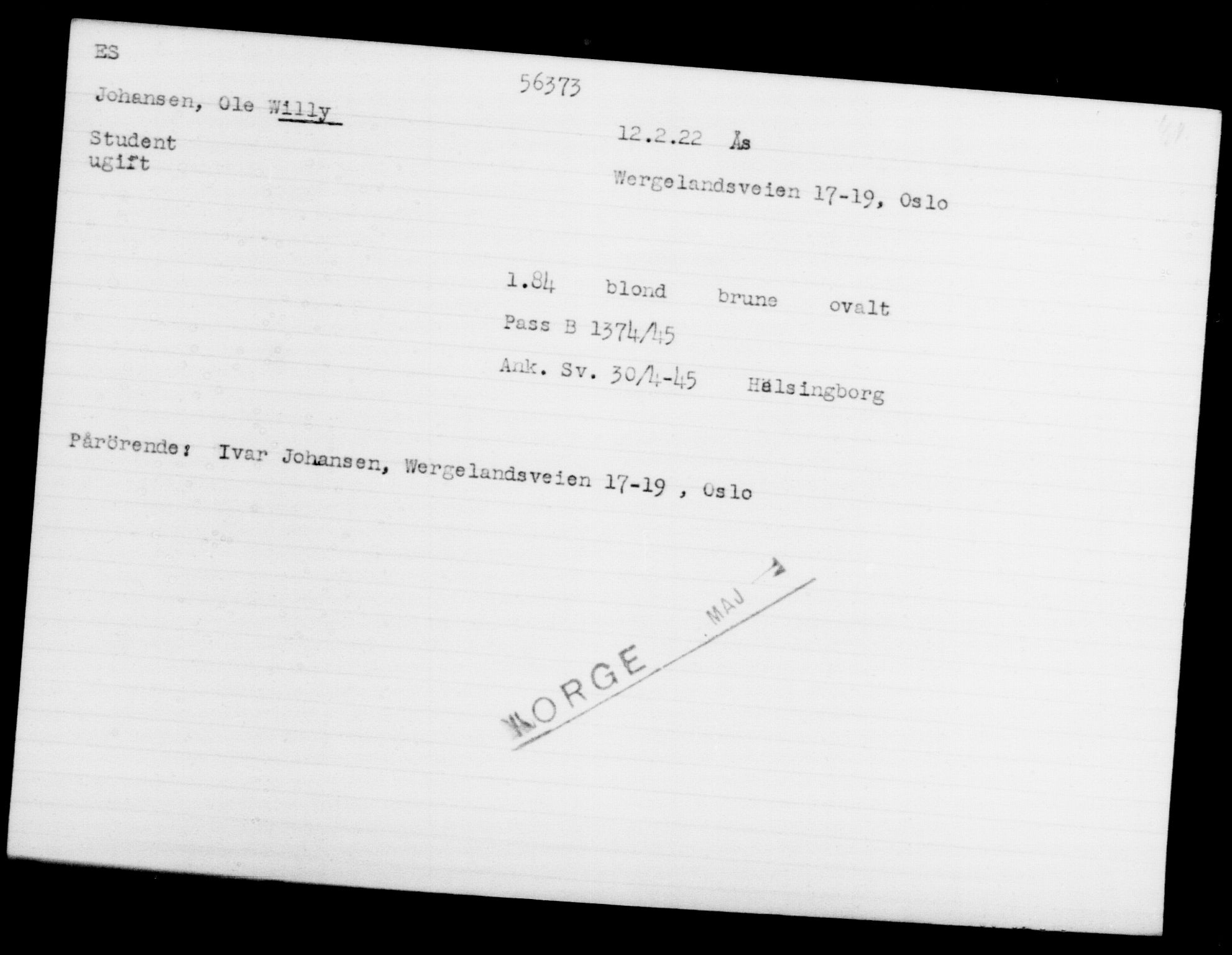 Utenriksstasjonene, Legasjonen i Stockholm, Flyktningkontoret, AV/RA-S-6753/V/Va/L0020: Kjesäterkartoteket, flyktninger med registreringsnr. 55000-58245, 1940-1945, p. 1372