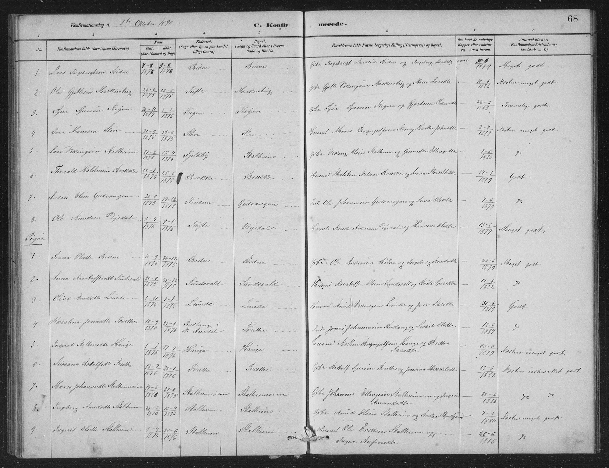 Vossestrand Sokneprestembete, SAB/A-79101/H/Hab: Parish register (copy) no. A 2, 1880-1902, p. 68