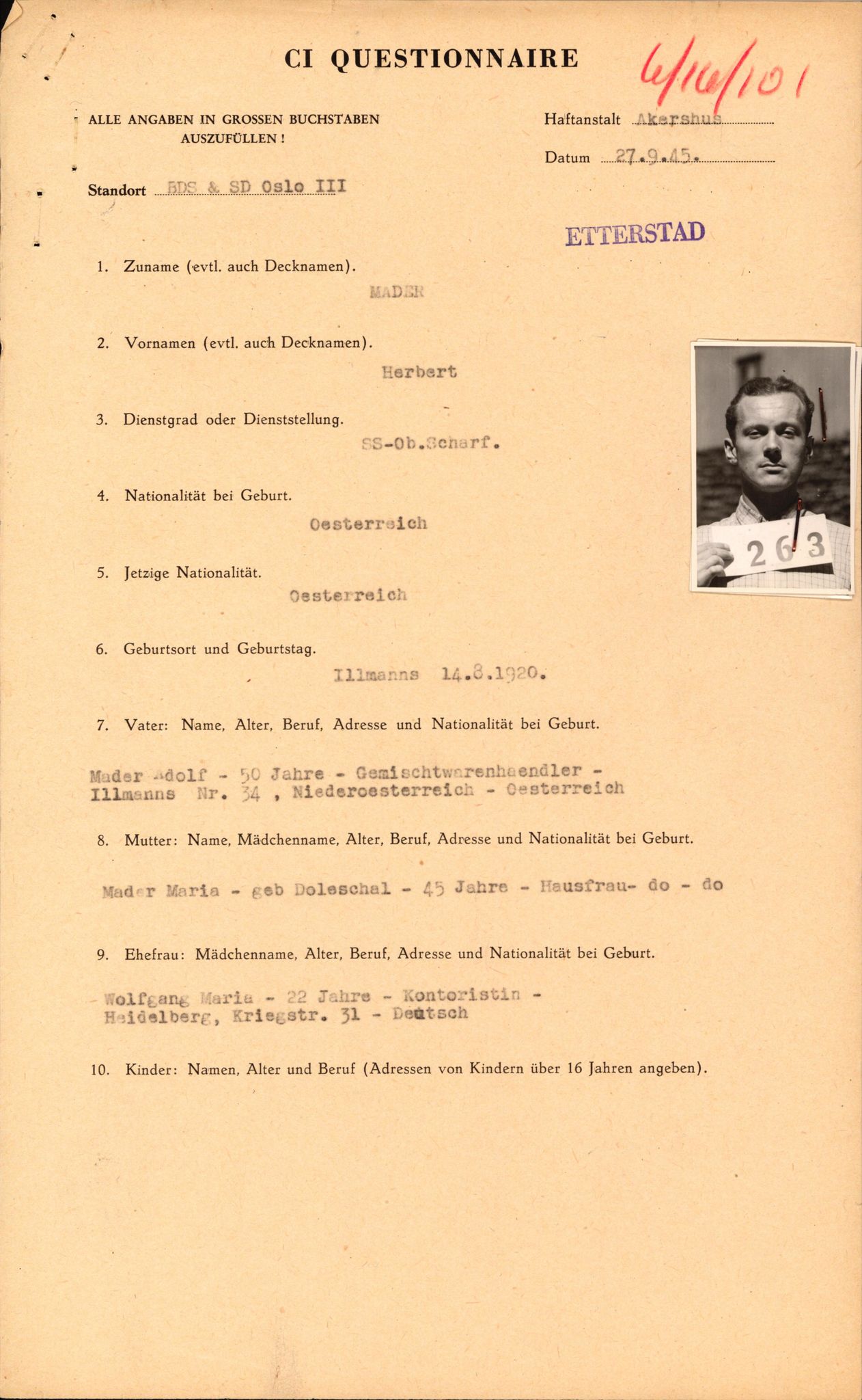 Forsvaret, Forsvarets overkommando II, AV/RA-RAFA-3915/D/Db/L0039: CI Questionaires. Tyske okkupasjonsstyrker i Norge. Østerrikere., 1945-1946, p. 348