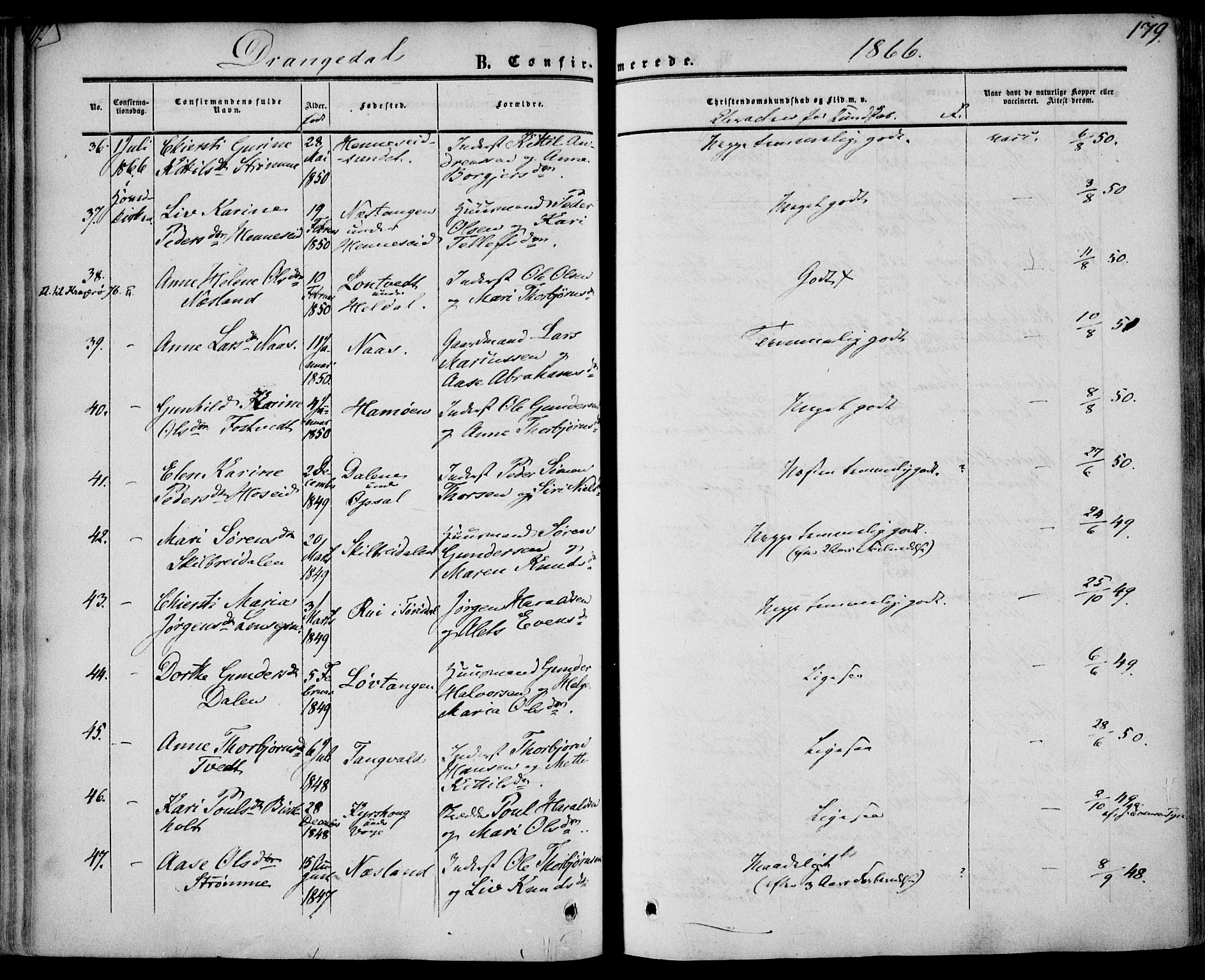 Drangedal kirkebøker, SAKO/A-258/F/Fa/L0008: Parish register (official) no. 8, 1857-1871, p. 179