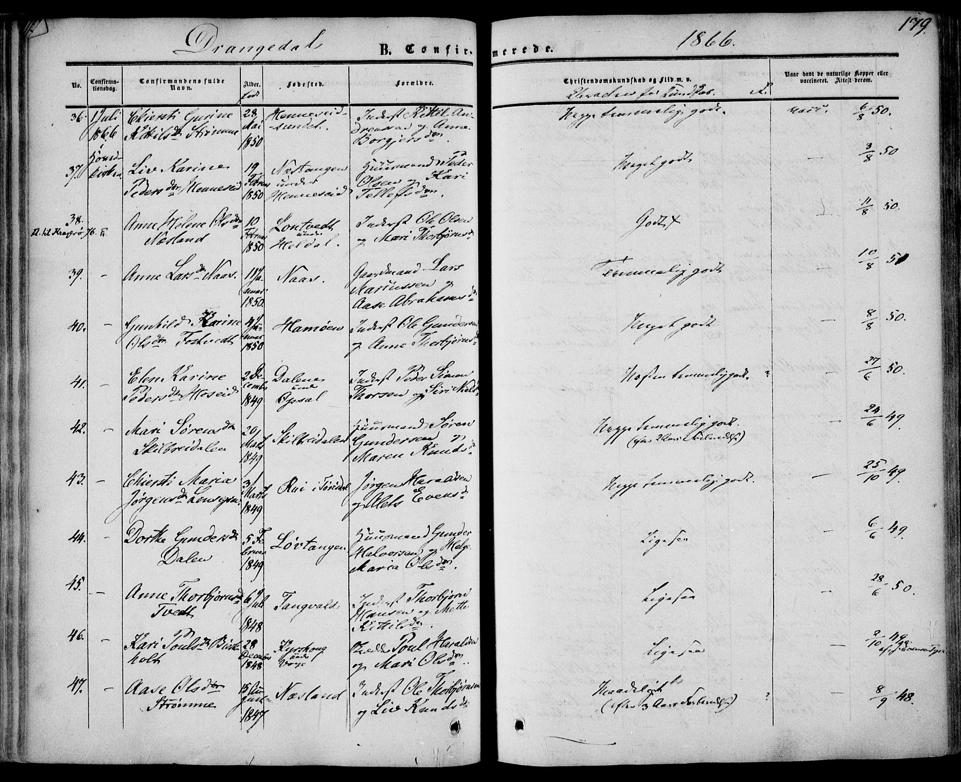 Drangedal kirkebøker, AV/SAKO-A-258/F/Fa/L0008: Parish register (official) no. 8, 1857-1871, p. 179