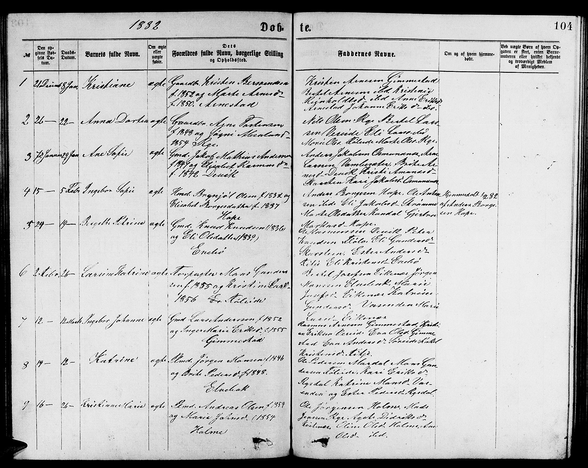 Gloppen sokneprestembete, SAB/A-80101/H/Hab/Habb/L0001: Parish register (copy) no. B 1, 1872-1888, p. 104