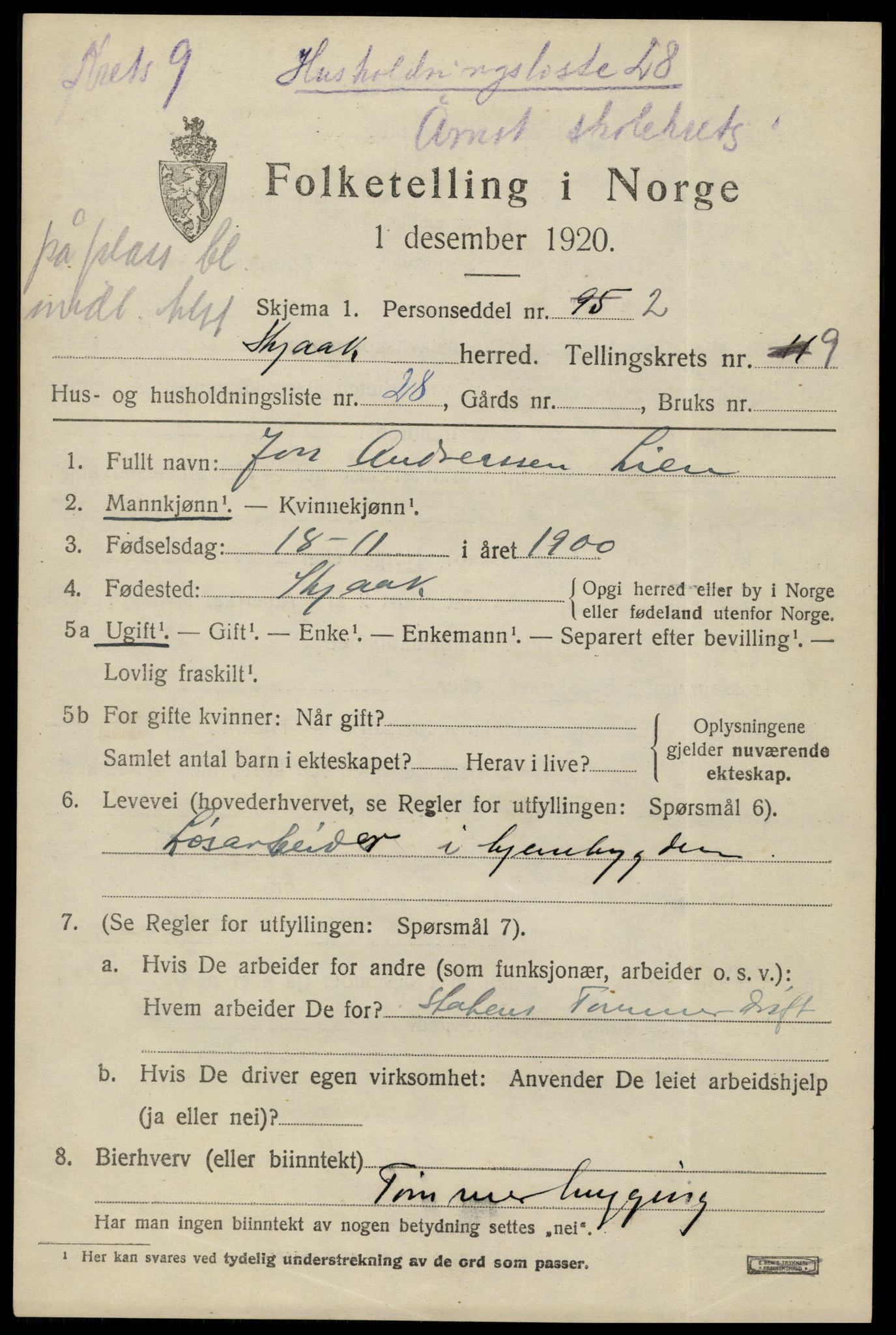 SAH, 1920 census for Skjåk, 1920, p. 4564