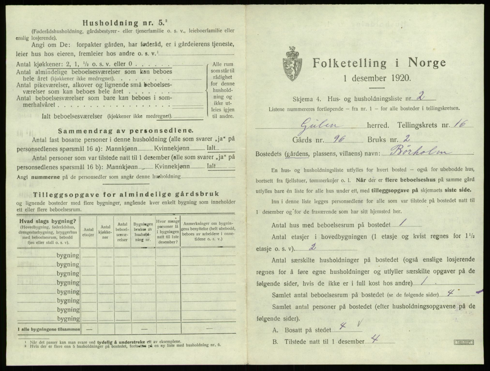 SAB, 1920 census for Gulen, 1920, p. 1039