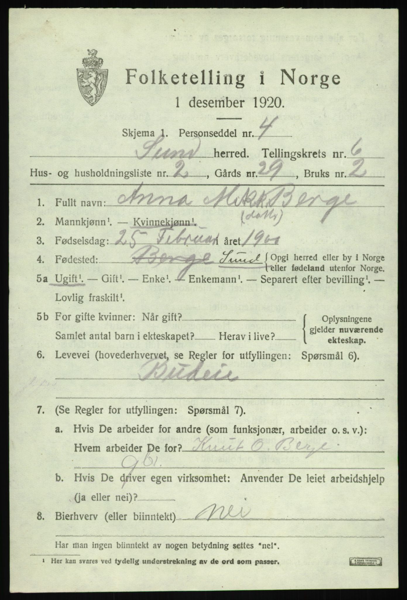 SAB, 1920 census for Sund, 1920, p. 3887