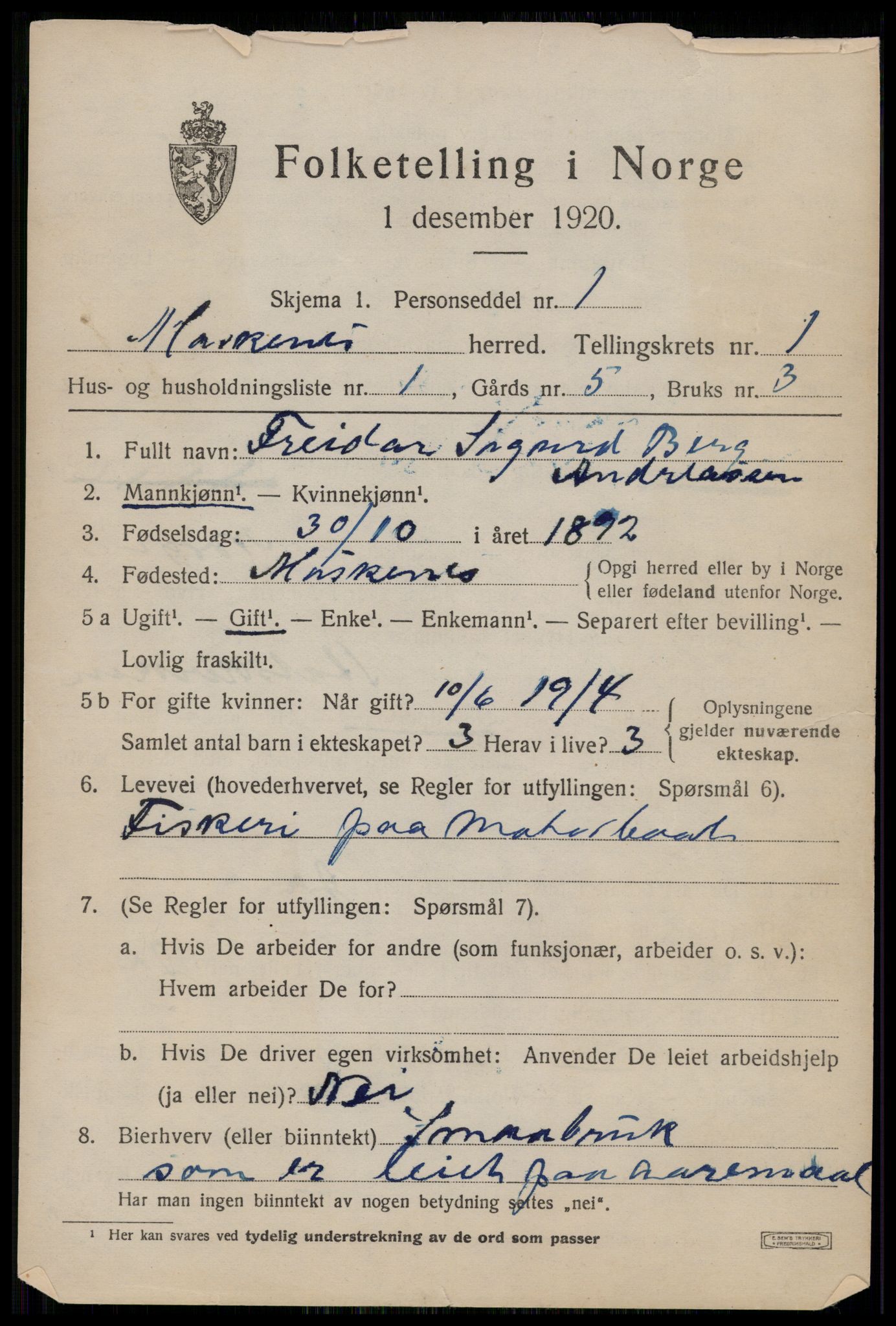 SAT, 1920 census for Moskenes, 1920, p. 502