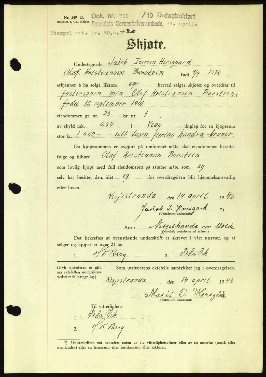 Romsdal sorenskriveri, AV/SAT-A-4149/1/2/2C: Mortgage book no. A14, 1943-1943, Diary no: : 769/1943