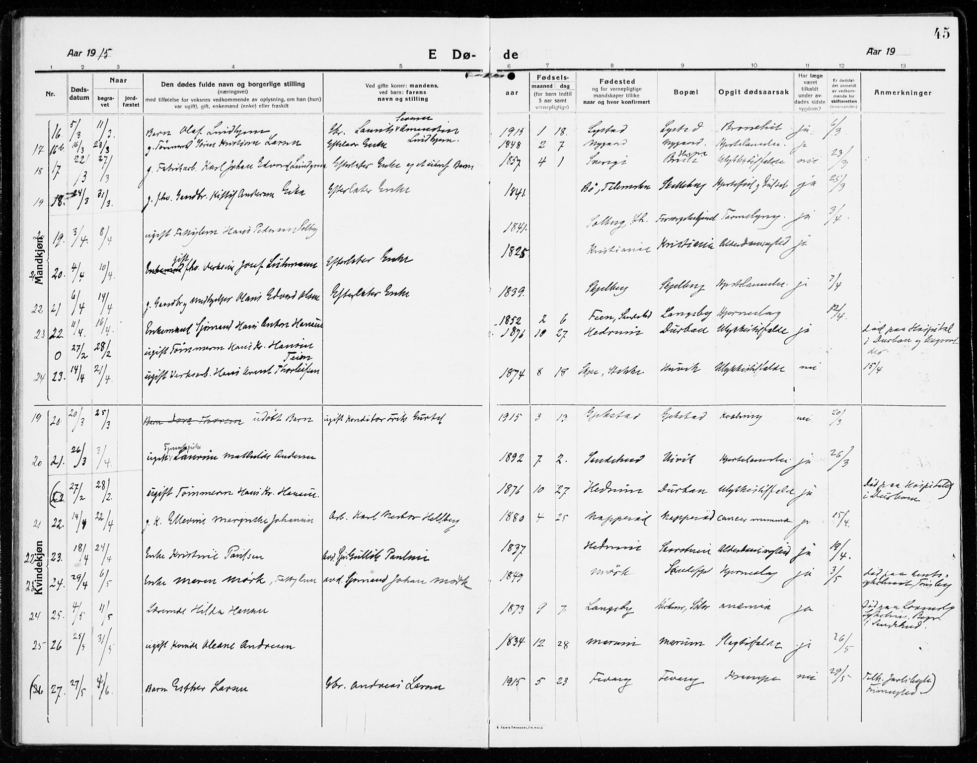 Sandar kirkebøker, SAKO/A-243/F/Fa/L0020: Parish register (official) no. 20, 1915-1919, p. 45